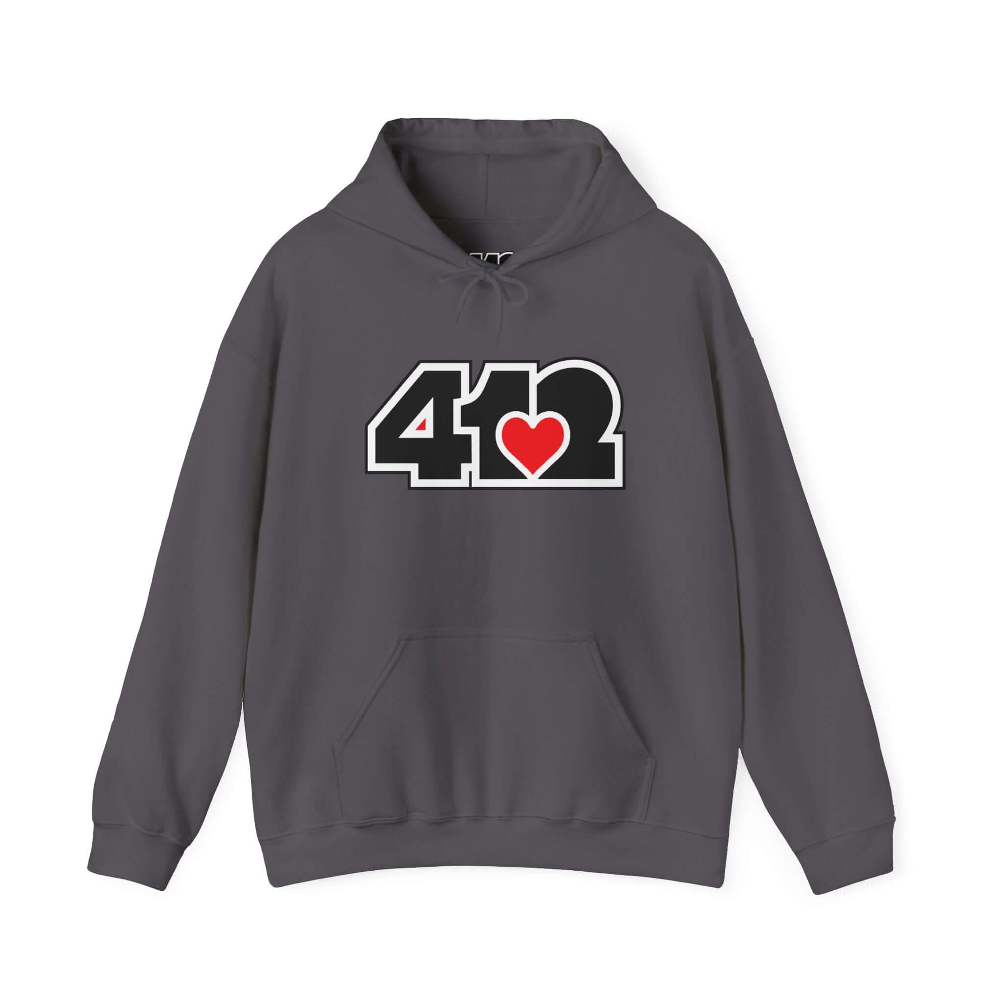 Pittsburgh Hoodie | Black and Red 412 Logo. Apparel Color: Charcoal. 50/50 cotton-poly blend, cozy fit, kangaroo pocket, adjustable drawstring hood.