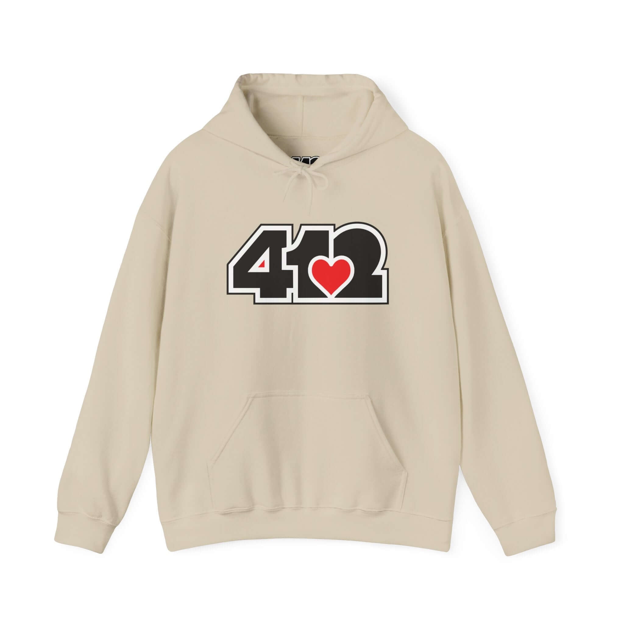 Pittsburgh Hoodie | Black and Red 412 Logo. Apparel Color: Sand. 50/50 cotton-poly blend, cozy fit, kangaroo pocket, adjustable drawstring hood.