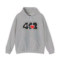 Pittsburgh Hoodie | Black and Red 412 Logo. Apparel Color: Sport Grey. 50/50 cotton-poly blend, cozy fit, kangaroo pocket, adjustable drawstring hood.