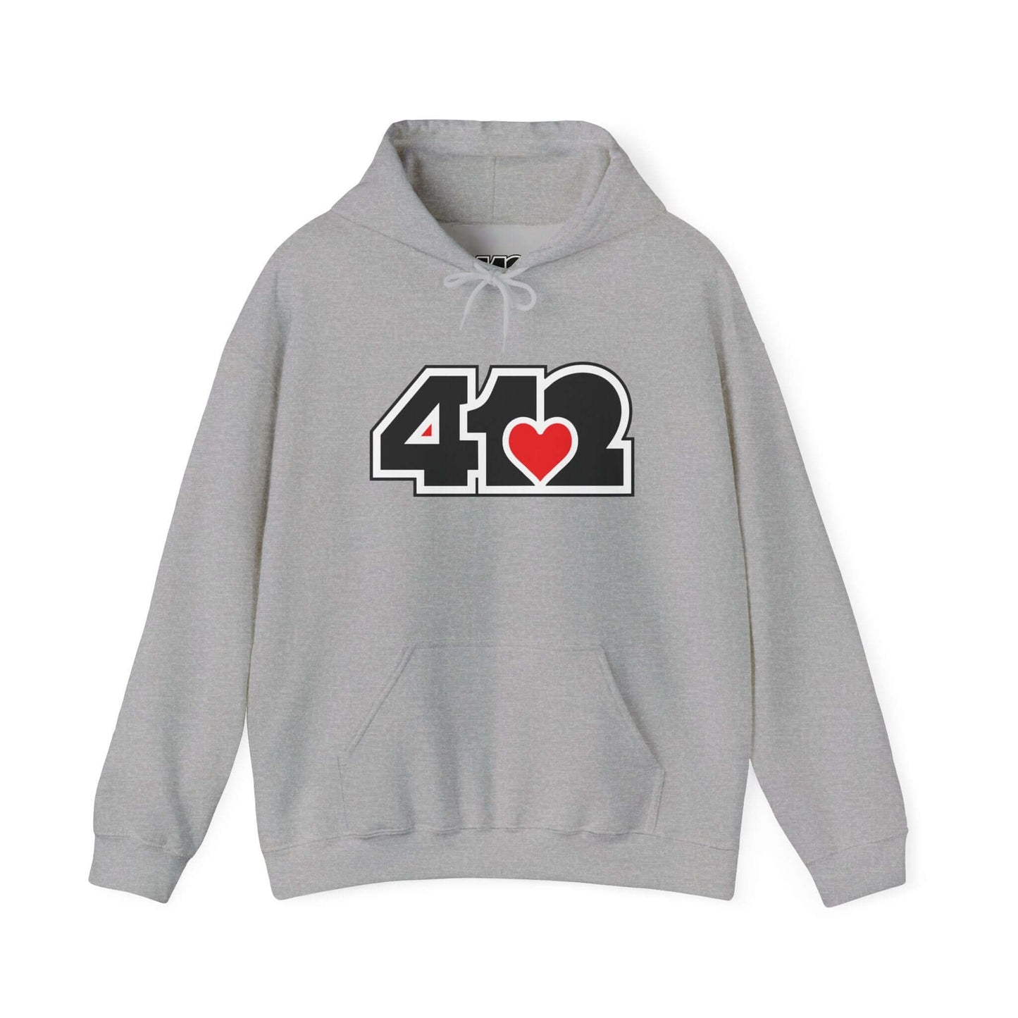 Pittsburgh Hoodie | Black and Red 412 Logo. Apparel Color: Sport Grey. 50/50 cotton-poly blend, cozy fit, kangaroo pocket, adjustable drawstring hood.