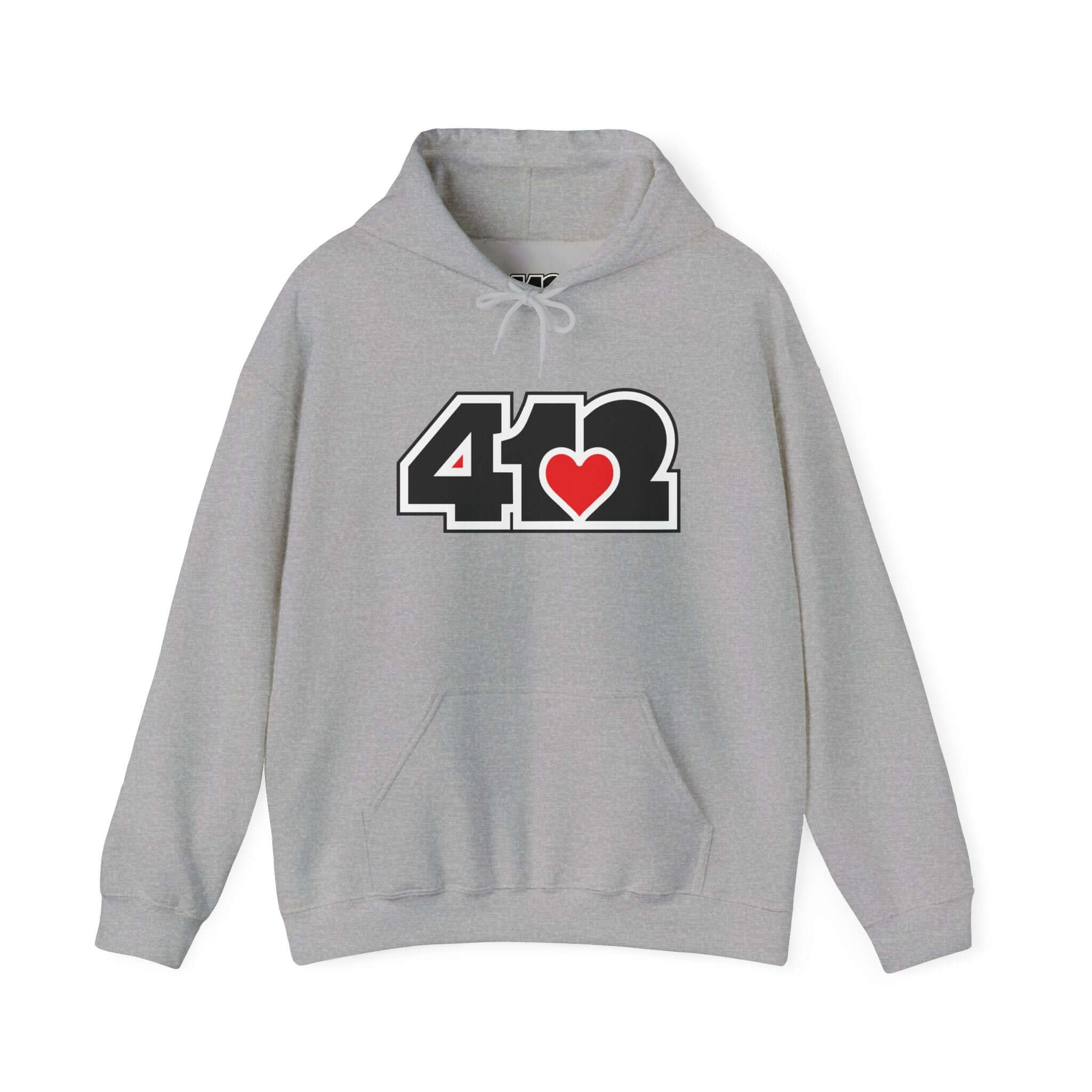 Pittsburgh Hoodie | Black and Red 412 Logo. Apparel Color: Sport Grey. 50/50 cotton-poly blend, cozy fit, kangaroo pocket, adjustable drawstring hood.