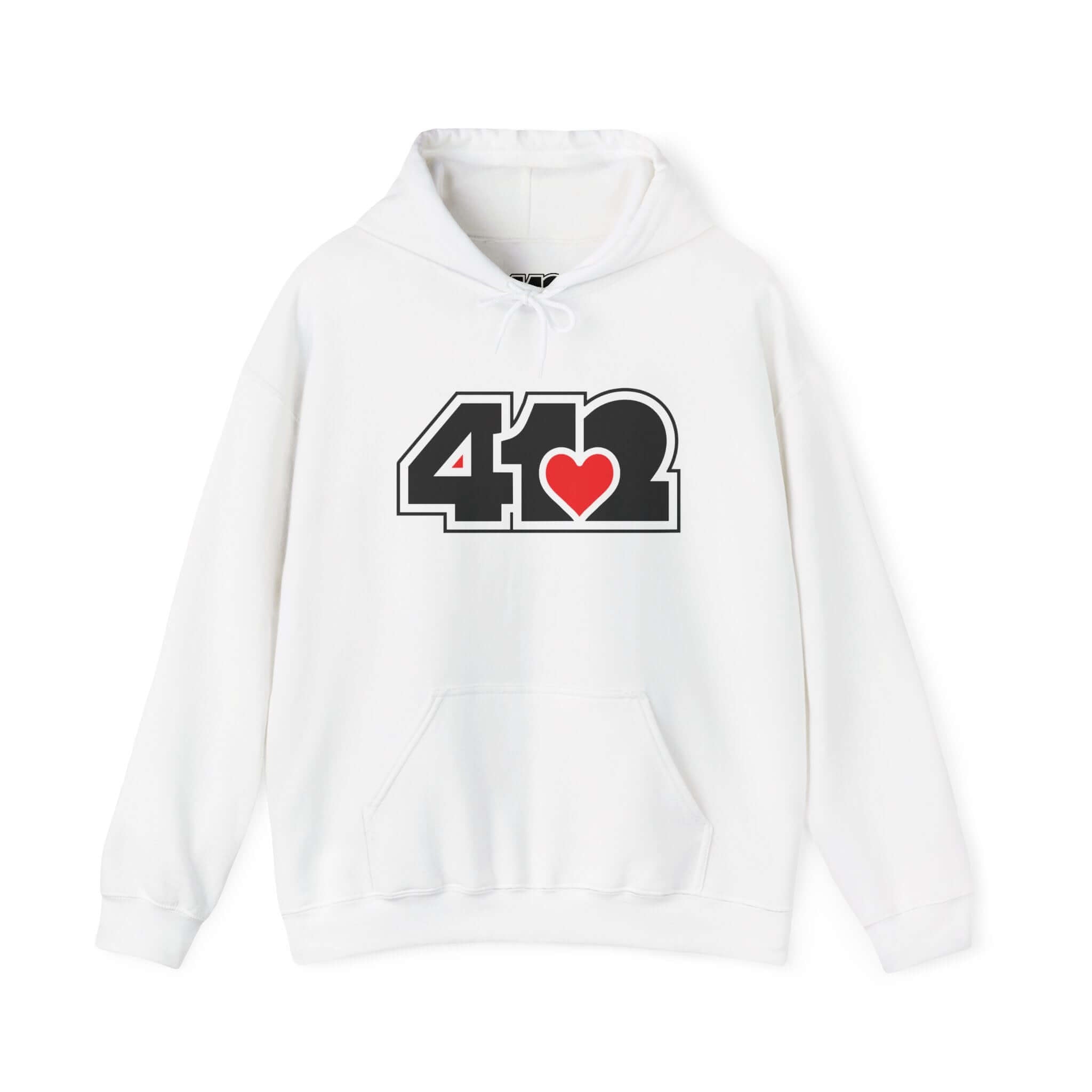 Pittsburgh Hoodie | Black and Red 412 Logo. Apparel Color: White. 50/50 cotton-poly blend, cozy fit, kangaroo pocket, adjustable drawstring hood.