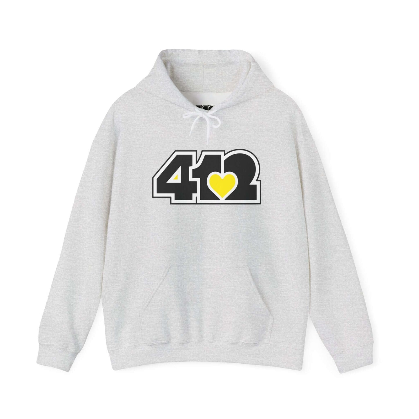 Pittsburgh Hoodie | Black and Yellow 412 Logo. Apparel Color: Ash. 50/50 cotton-poly blend, cozy fit, kangaroo pocket, adjustable drawstring hood.