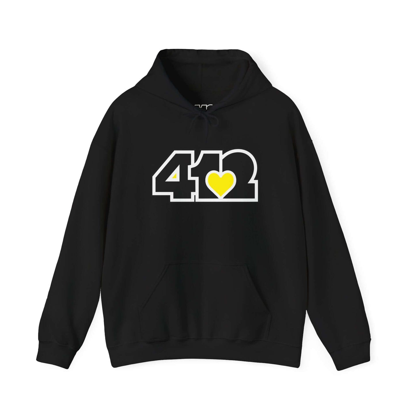 Pittsburgh Hoodie | Black and Yellow 412 Logo. Apparel Color: Black. 50/50 cotton-poly blend, cozy fit, kangaroo pocket, adjustable drawstring hood.