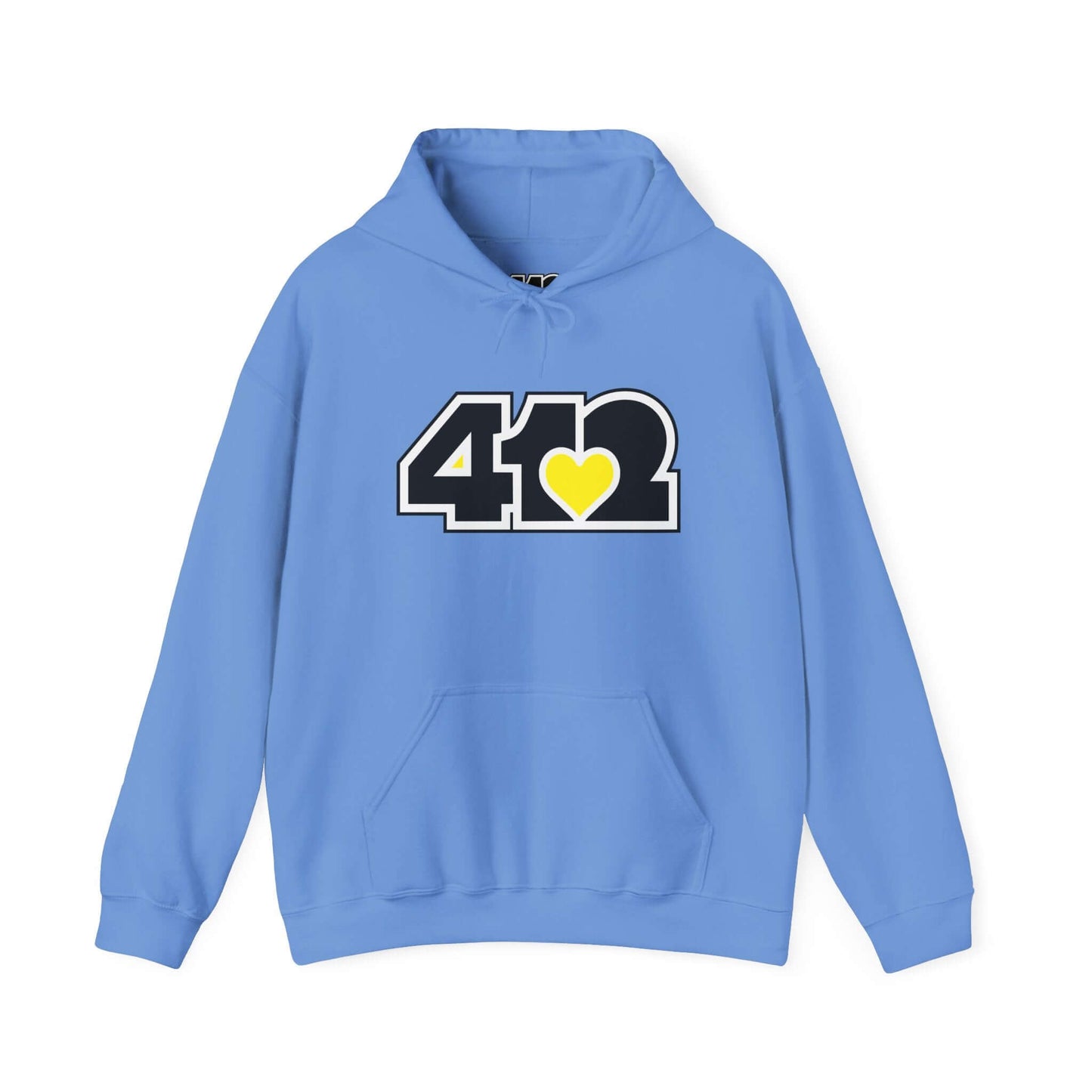 Pittsburgh Hoodie | Black and Yellow 412 Logo. Apparel Color: Carolina Blue. 50/50 cotton-poly blend, cozy fit, kangaroo pocket, adjustable drawstring hood.
