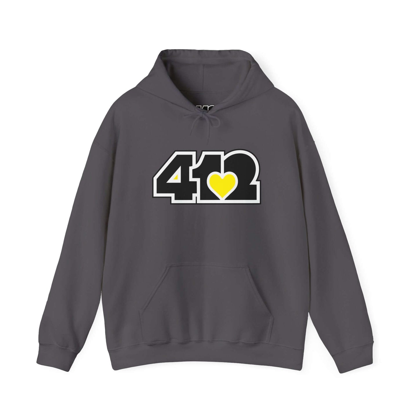 Pittsburgh Hoodie | Black and Yellow 412 Logo. Apparel Color: Charcoal. 50/50 cotton-poly blend, cozy fit, kangaroo pocket, adjustable drawstring hood.