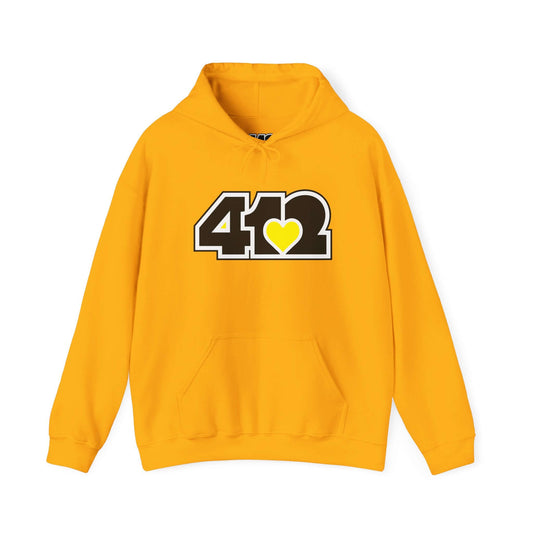 Pittsburgh Hoodie | Black and Yellow 412 Logo. Apparel Color: Gold. 50/50 cotton-poly blend, cozy fit, kangaroo pocket, adjustable drawstring hood.