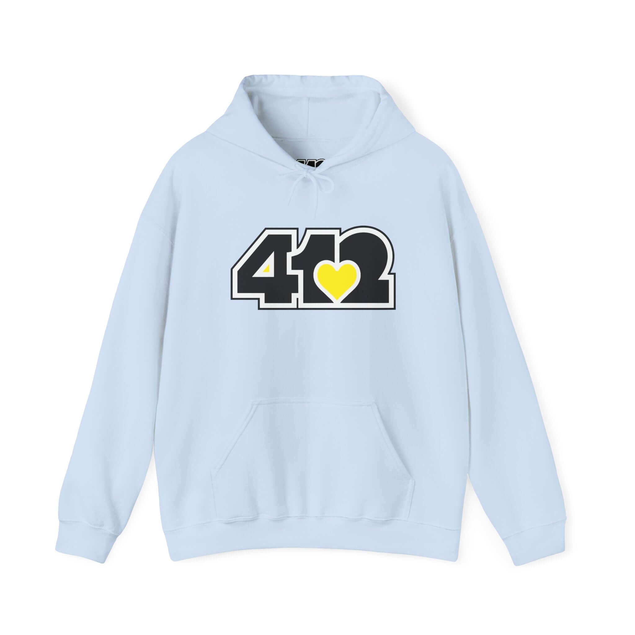 Pittsburgh Hoodie | Black and Yellow 412 Logo. Apparel Color: Light Blue. 50/50 cotton-poly blend, cozy fit, kangaroo pocket, adjustable drawstring hood.