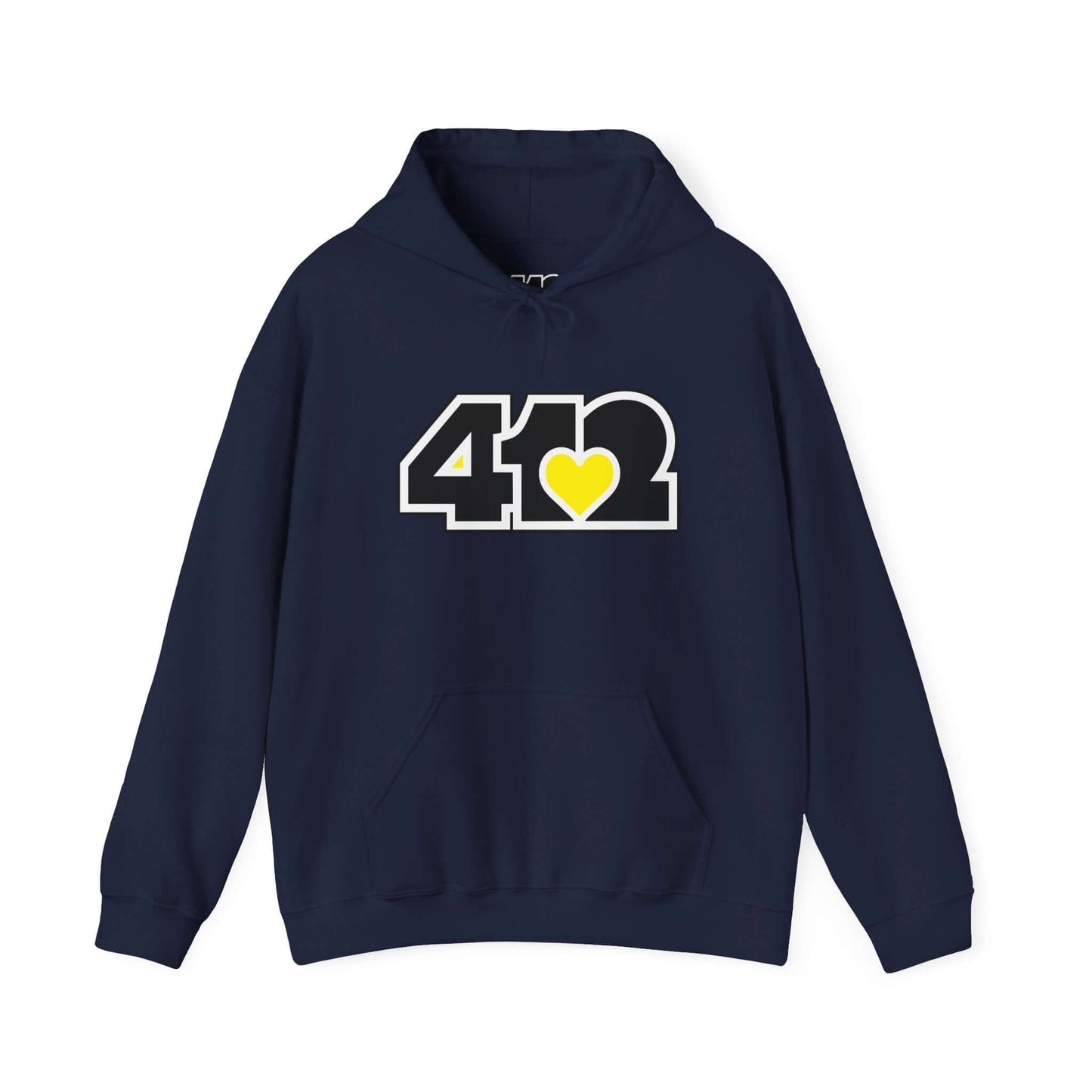 Pittsburgh Hoodie | Black and Yellow 412 Logo. Apparel Color: Navy. 50/50 cotton-poly blend, cozy fit, kangaroo pocket, adjustable drawstring hood.