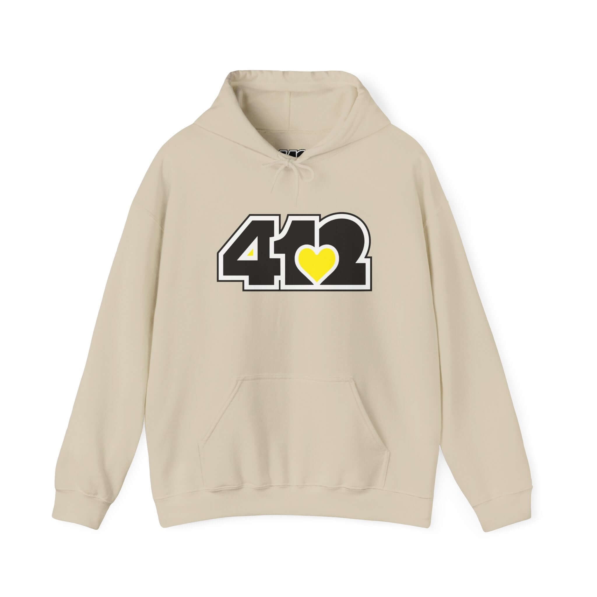 Pittsburgh Hoodie | Black and Yellow 412 Logo. Apparel Color: Sand. 50/50 cotton-poly blend, cozy fit, kangaroo pocket, adjustable drawstring hood.