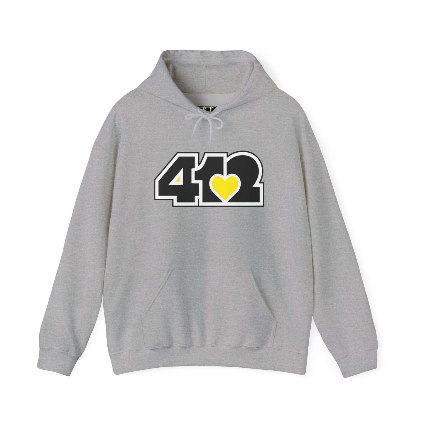 Pittsburgh Hoodie | Black and Yellow 412 Logo. Apparel Color: Sport Grey. 50/50 cotton-poly blend, cozy fit, kangaroo pocket, adjustable drawstring hood.