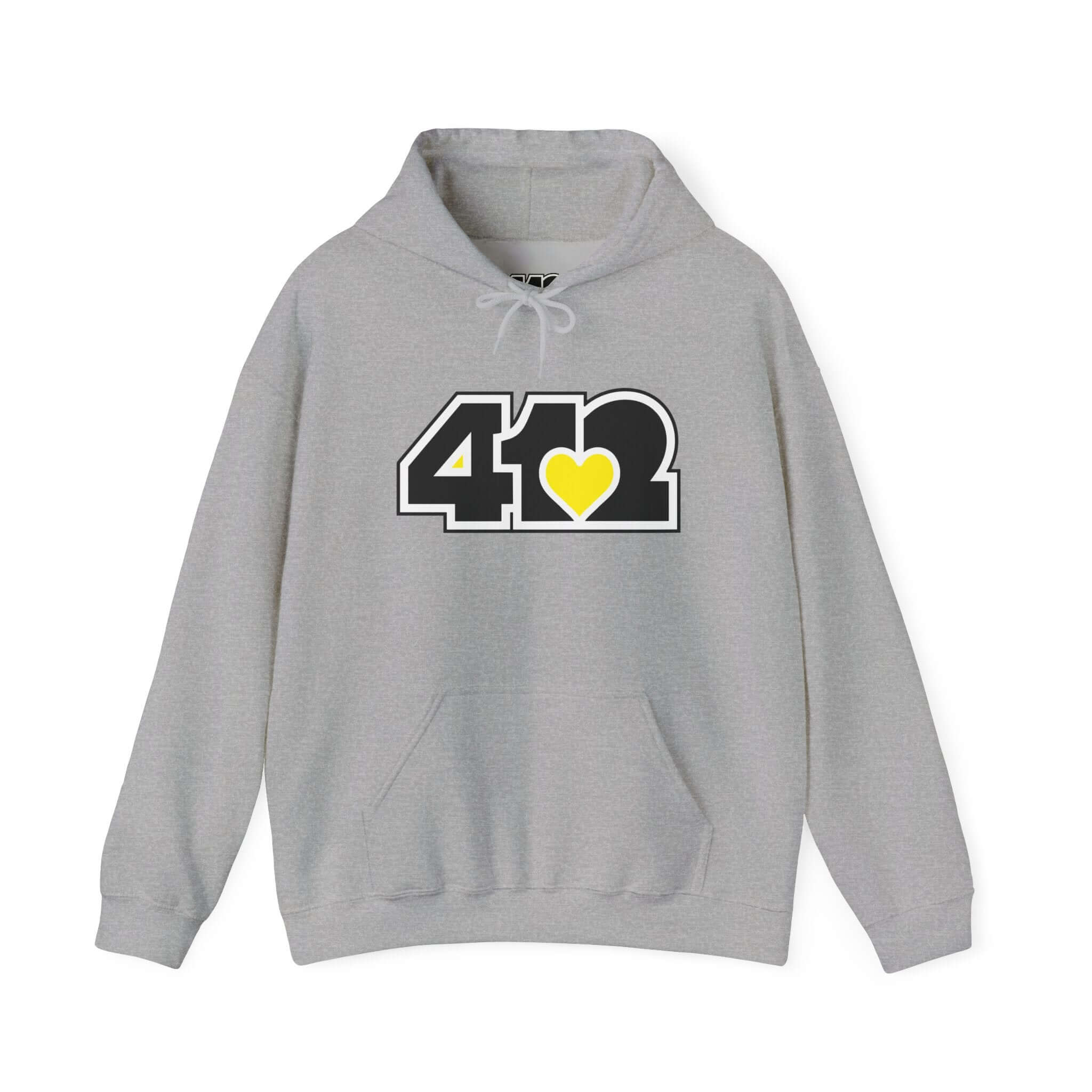 Pittsburgh Hoodie | Black and Yellow 412 Logo. Apparel Color: Sport Grey. 50/50 cotton-poly blend, cozy fit, kangaroo pocket, adjustable drawstring hood.