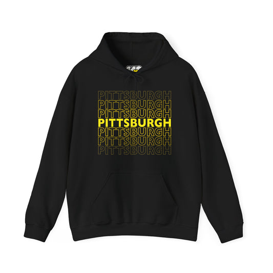 Pittsburgh Hoodie | On Repeat. Apparel Color: Black. 50/50 cotton-poly blend, cozy fit, kangaroo pocket, adjustable drawstring hood.