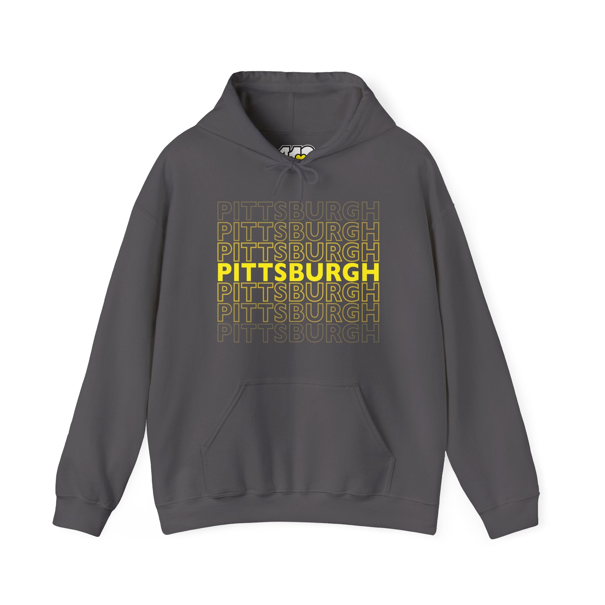 Pittsburgh Hoodie | On Repeat. Apparel Color: Charcoal. 50/50 cotton-poly blend, cozy fit, kangaroo pocket, adjustable drawstring hood.