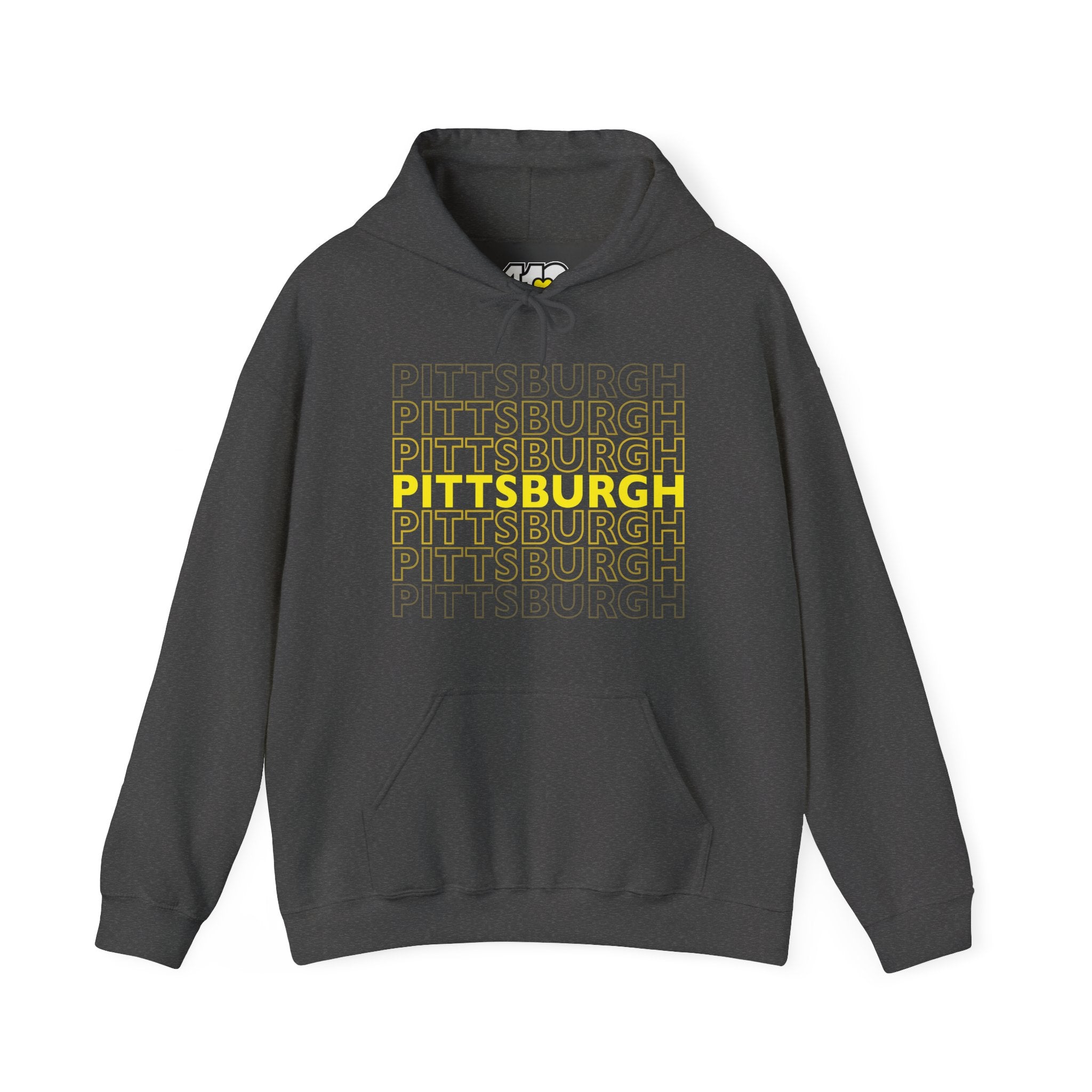 Pittsburgh Hoodie | On Repeat. Apparel Color: Dark Heather. 50/50 cotton-poly blend, cozy fit, kangaroo pocket, adjustable drawstring hood.