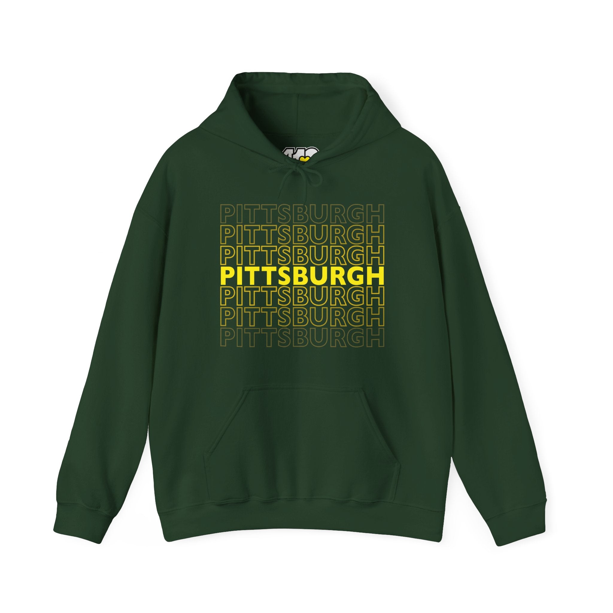 Pittsburgh Hoodie | On Repeat. Apparel Color: Forest Green. 50/50 cotton-poly blend, cozy fit, kangaroo pocket, adjustable drawstring hood.