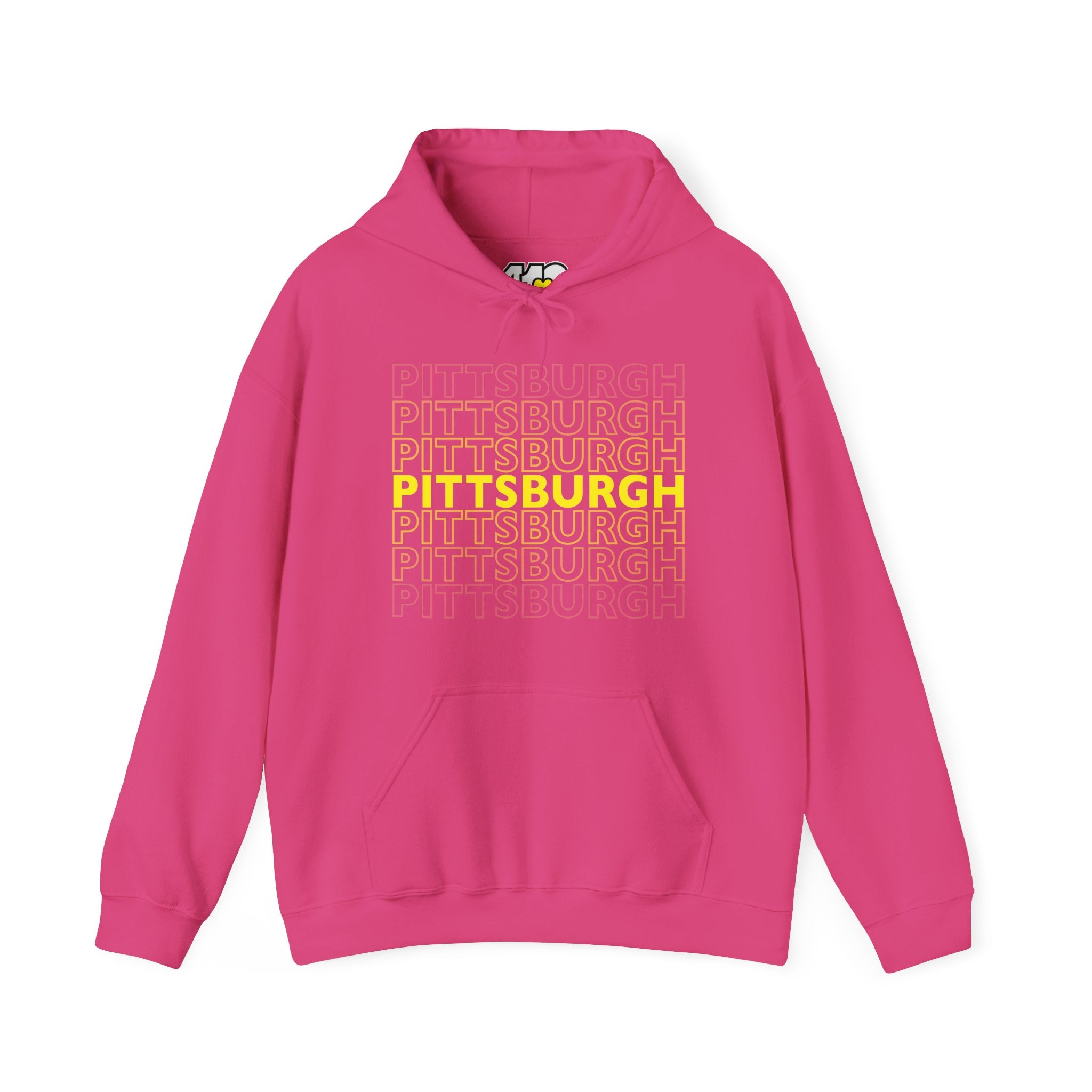 Pittsburgh Hoodie | On Repeat. Apparel Color: Heliconia. 50/50 cotton-poly blend, cozy fit, kangaroo pocket, adjustable drawstring hood.