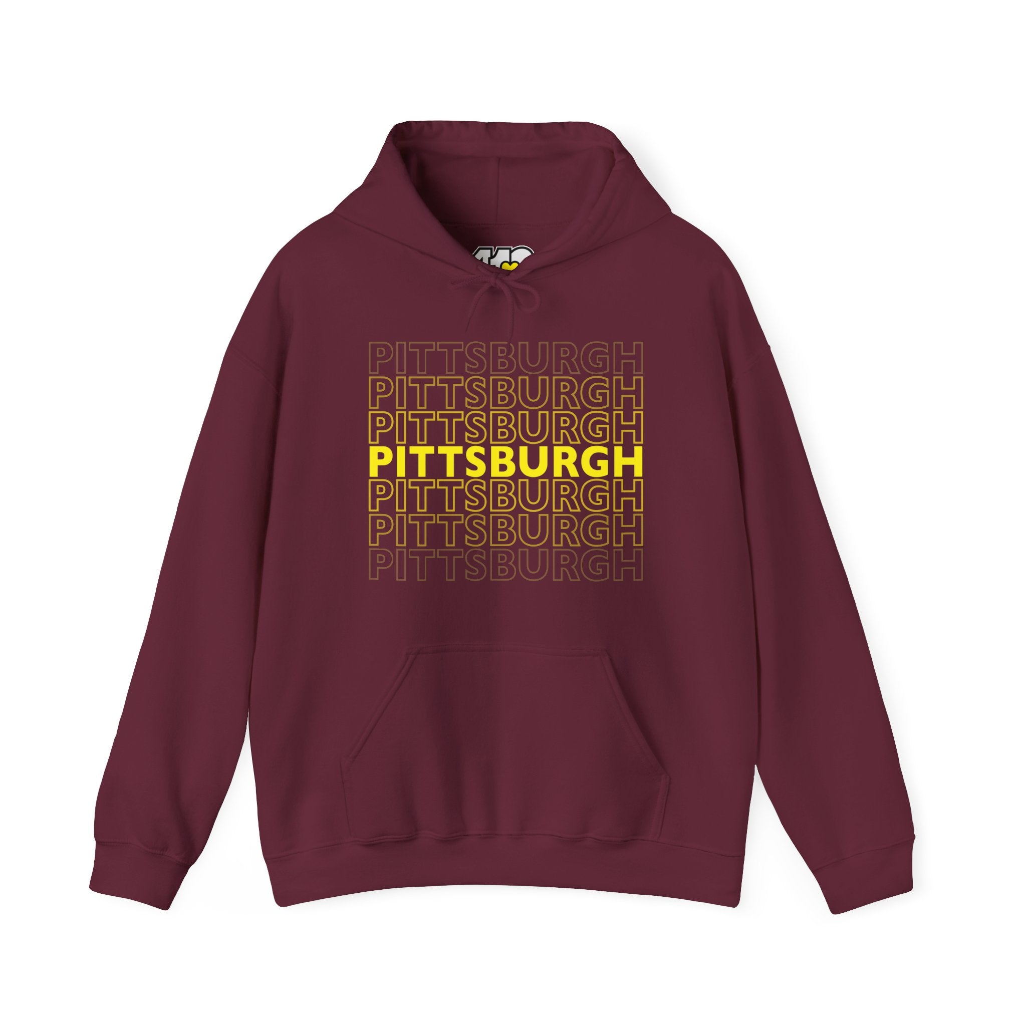 Pittsburgh Hoodie | On Repeat. Apparel Color: Maroon. 50/50 cotton-poly blend, cozy fit, kangaroo pocket, adjustable drawstring hood.