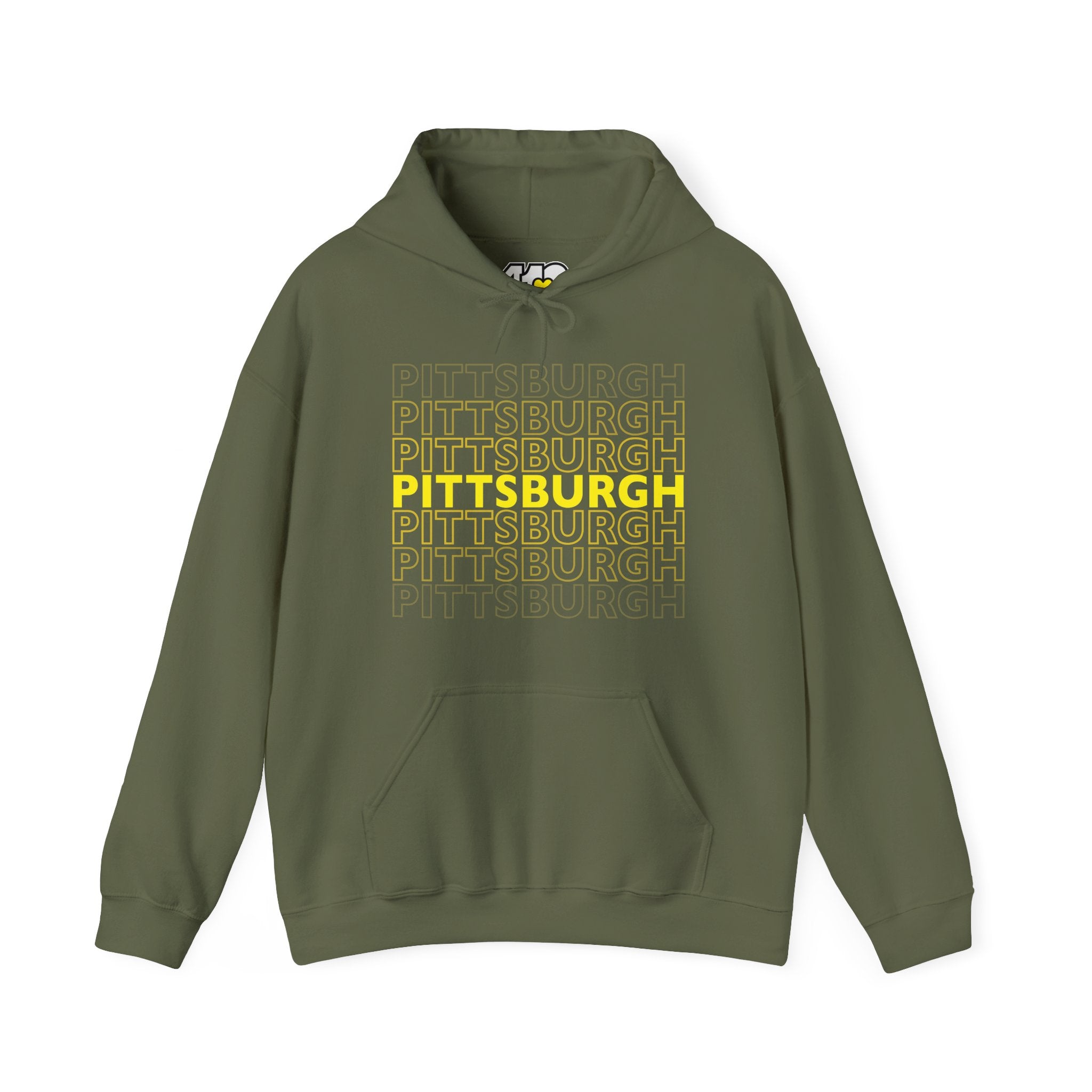 Pittsburgh Hoodie | On Repeat. Apparel Color: Military Green. 50/50 cotton-poly blend, cozy fit, kangaroo pocket, adjustable drawstring hood.