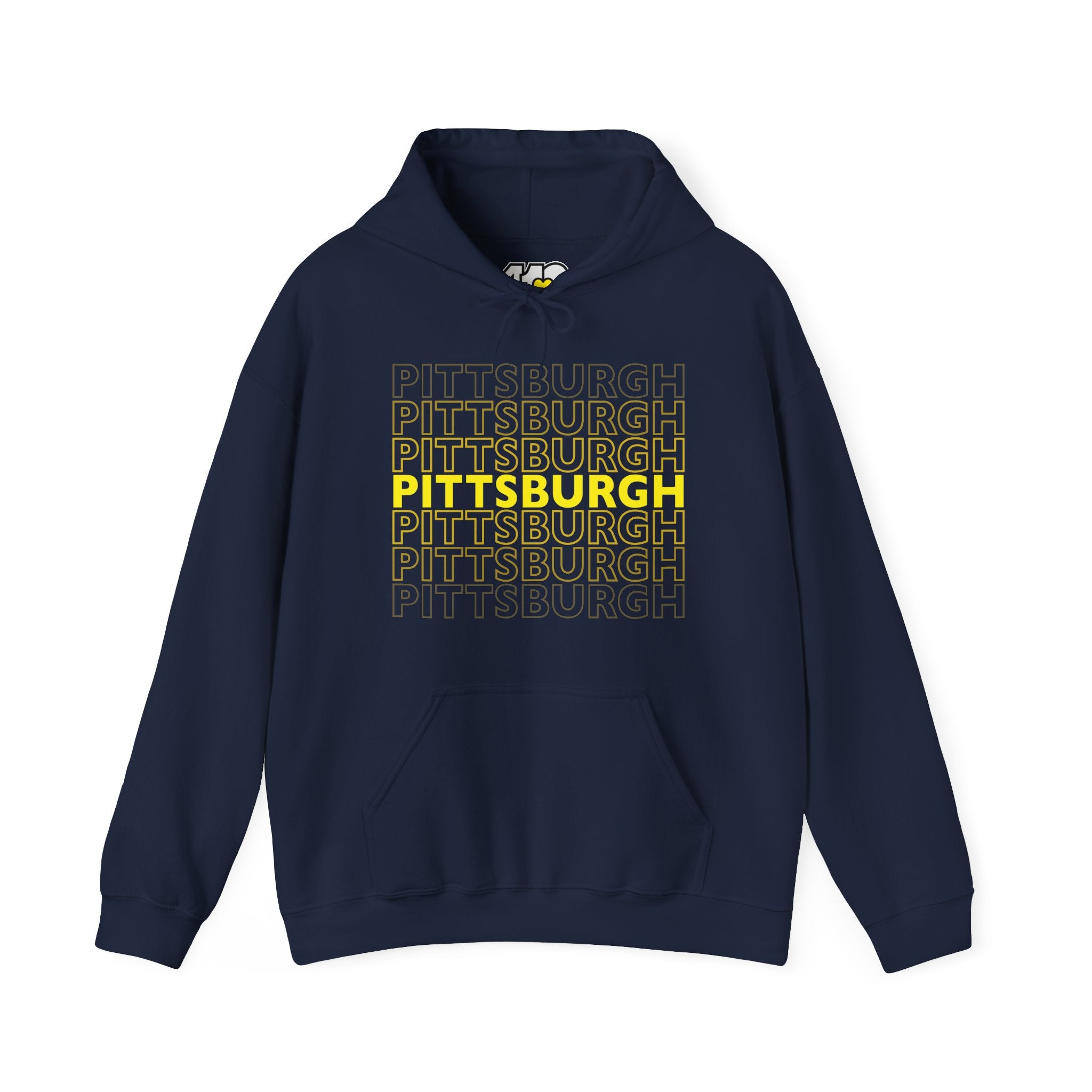 Pittsburgh Hoodie | On Repeat. Apparel Color: Navy. 50/50 cotton-poly blend, cozy fit, kangaroo pocket, adjustable drawstring hood.