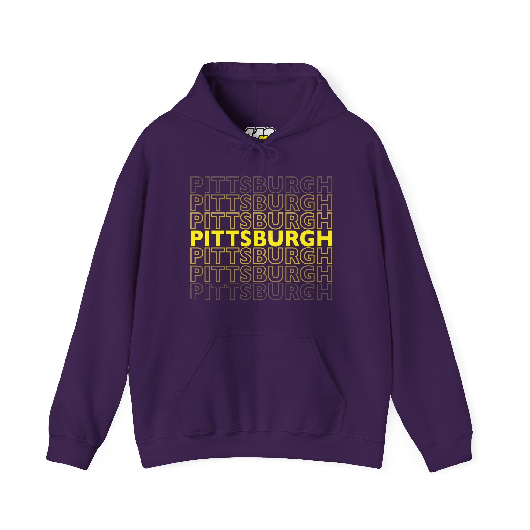 Pittsburgh Hoodie | On Repeat. Apparel Color: Purple. 50/50 cotton-poly blend, cozy fit, kangaroo pocket, adjustable drawstring hood.
