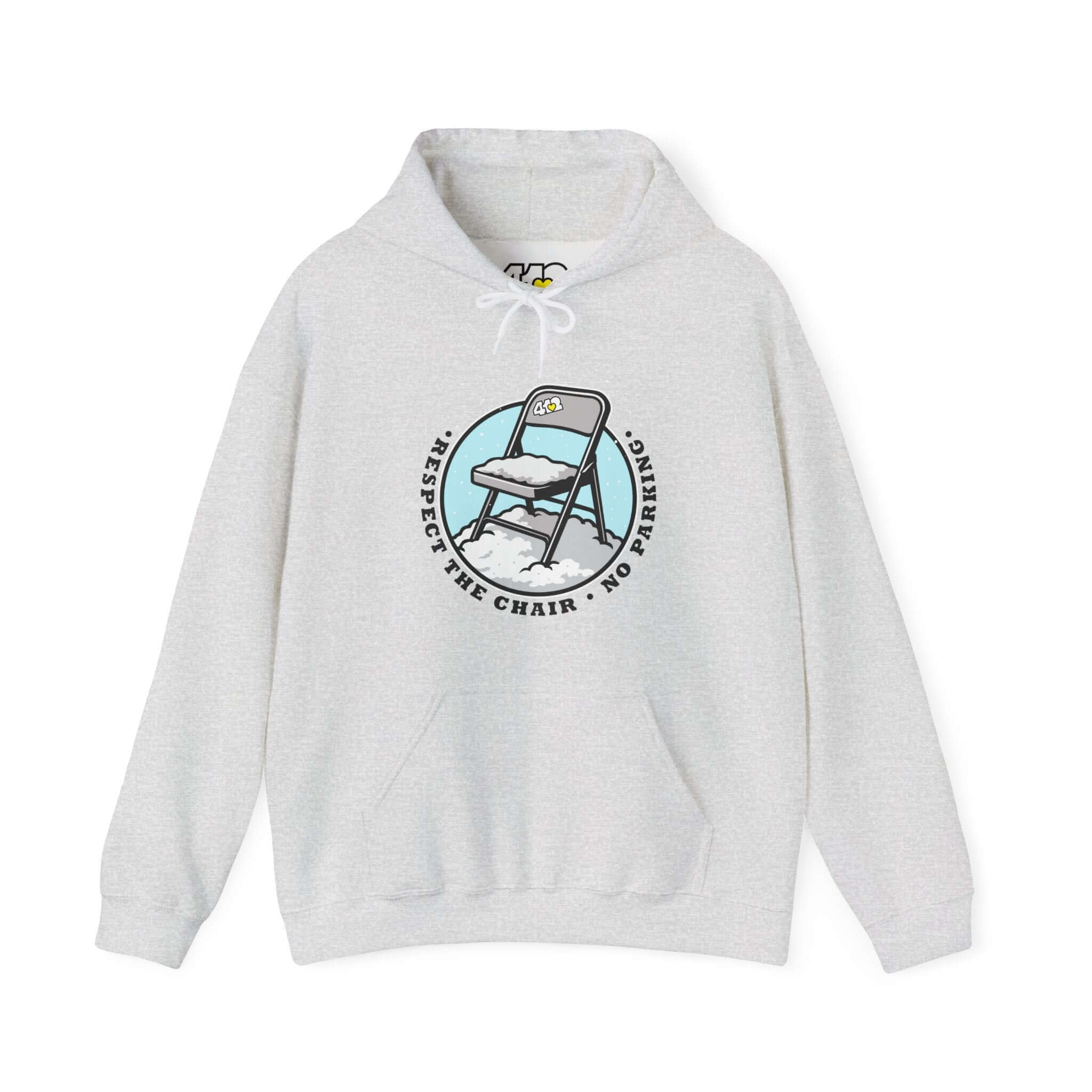 Pittsburgh Hoodie | Respect The Chair. Apparel Color: Ash. 50/50 cotton-poly blend, cozy fit, kangaroo pocket, adjustable drawstring hood.