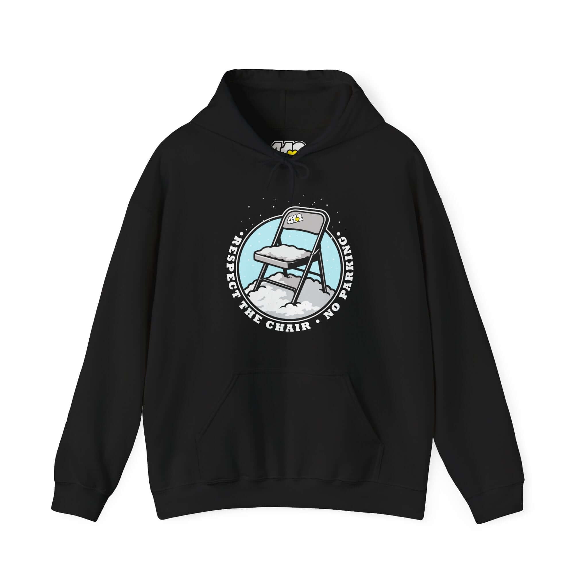 Pittsburgh Hoodie | Respect The Chair. Apparel Color: Black. 50/50 cotton-poly blend, cozy fit, kangaroo pocket, adjustable drawstring hood.