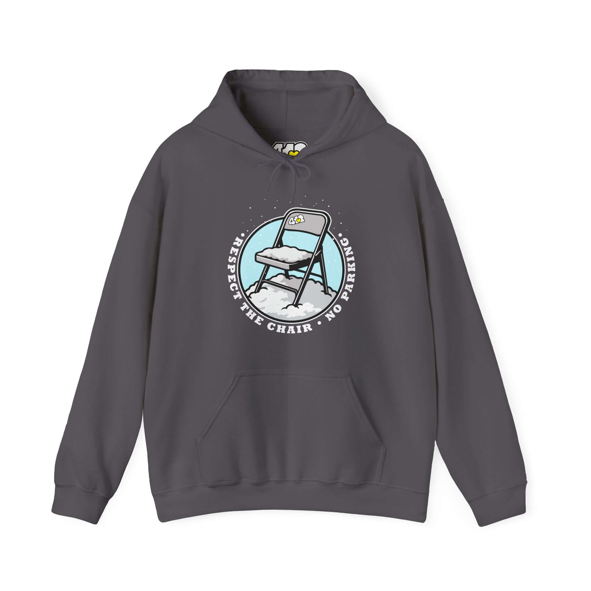 Pittsburgh Hoodie | Respect The Chair. Apparel Color: Charcoal. 50/50 cotton-poly blend, cozy fit, kangaroo pocket, adjustable drawstring hood.