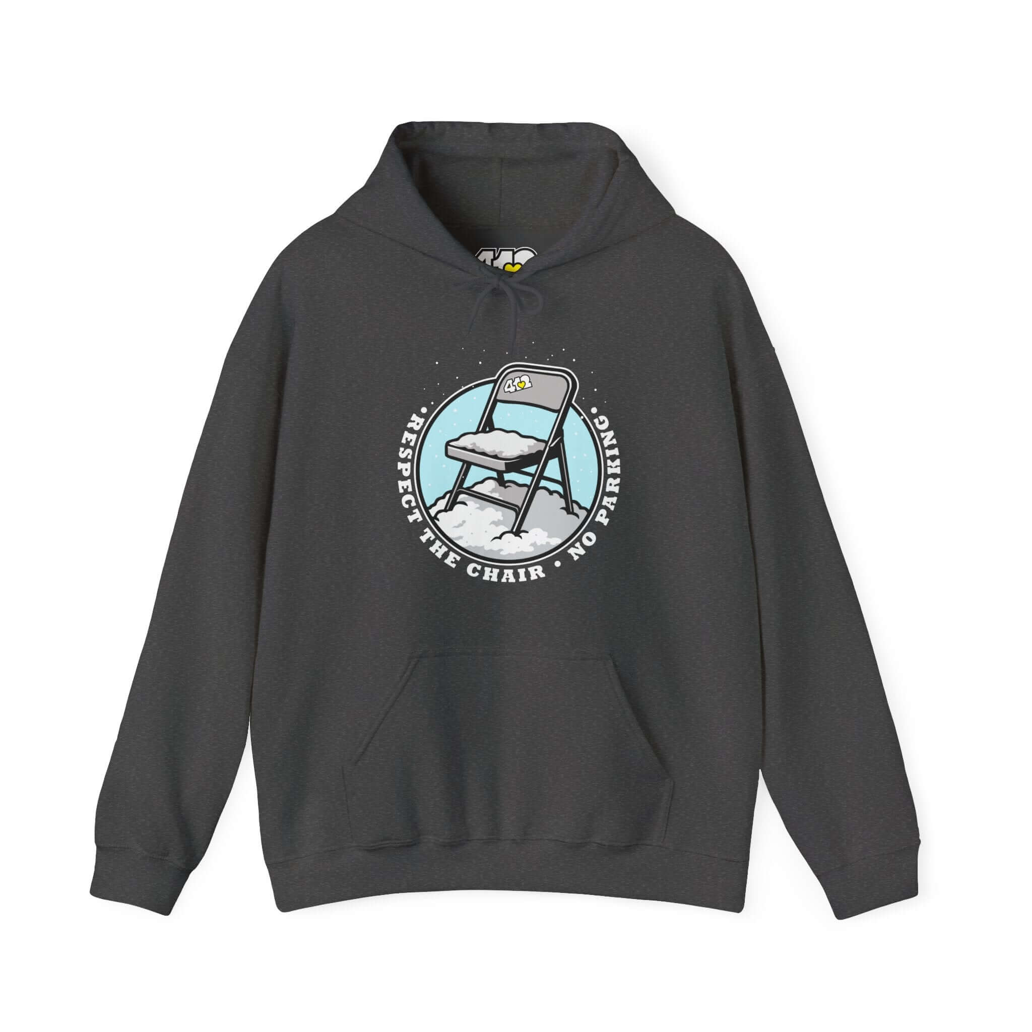 Pittsburgh Hoodie | Respect The Chair. Apparel Color: Dark Heather. 50/50 cotton-poly blend, cozy fit, kangaroo pocket, adjustable drawstring hood.