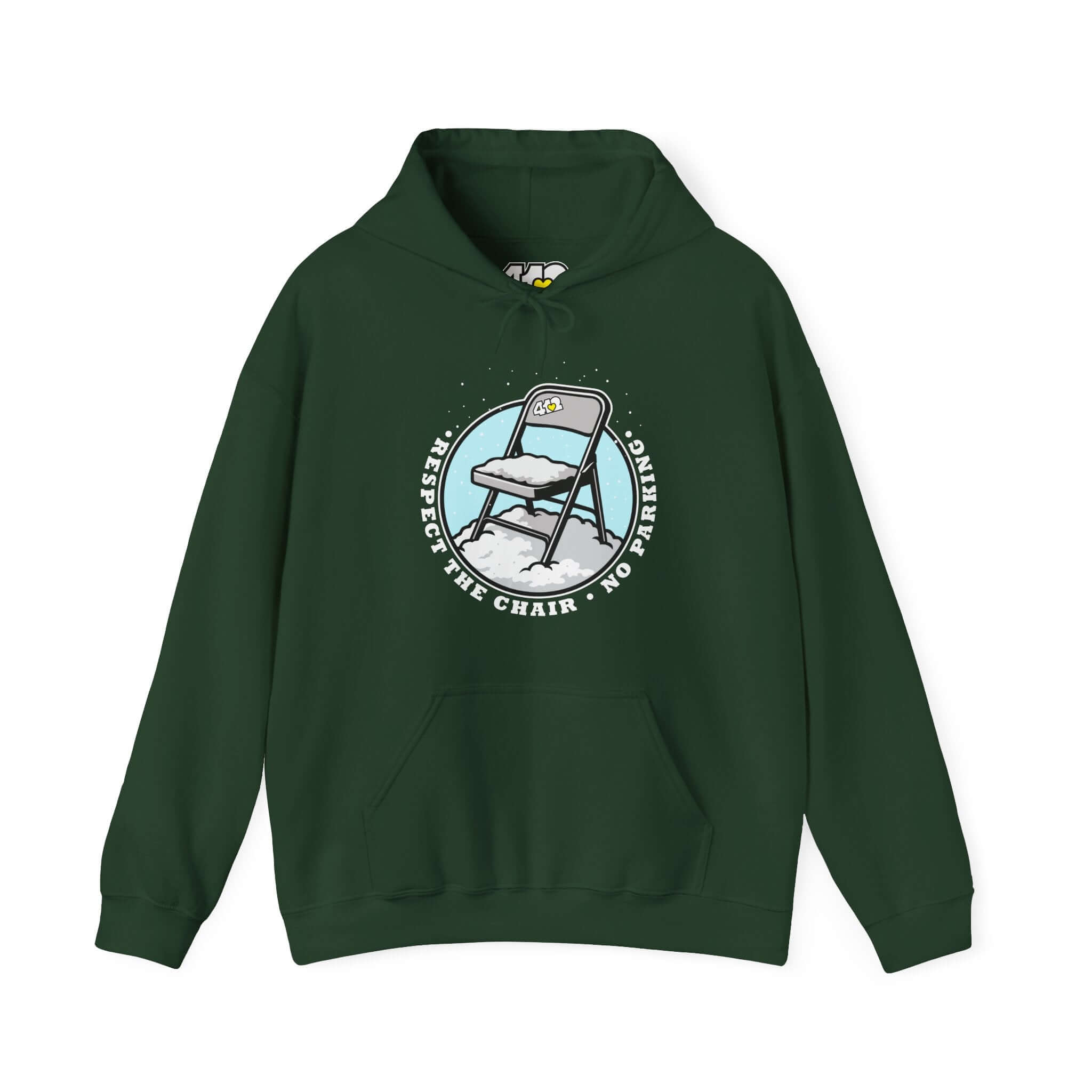 Pittsburgh Hoodie | Respect The Chair. Apparel Color: Forest Green. 50/50 cotton-poly blend, cozy fit, kangaroo pocket, adjustable drawstring hood.