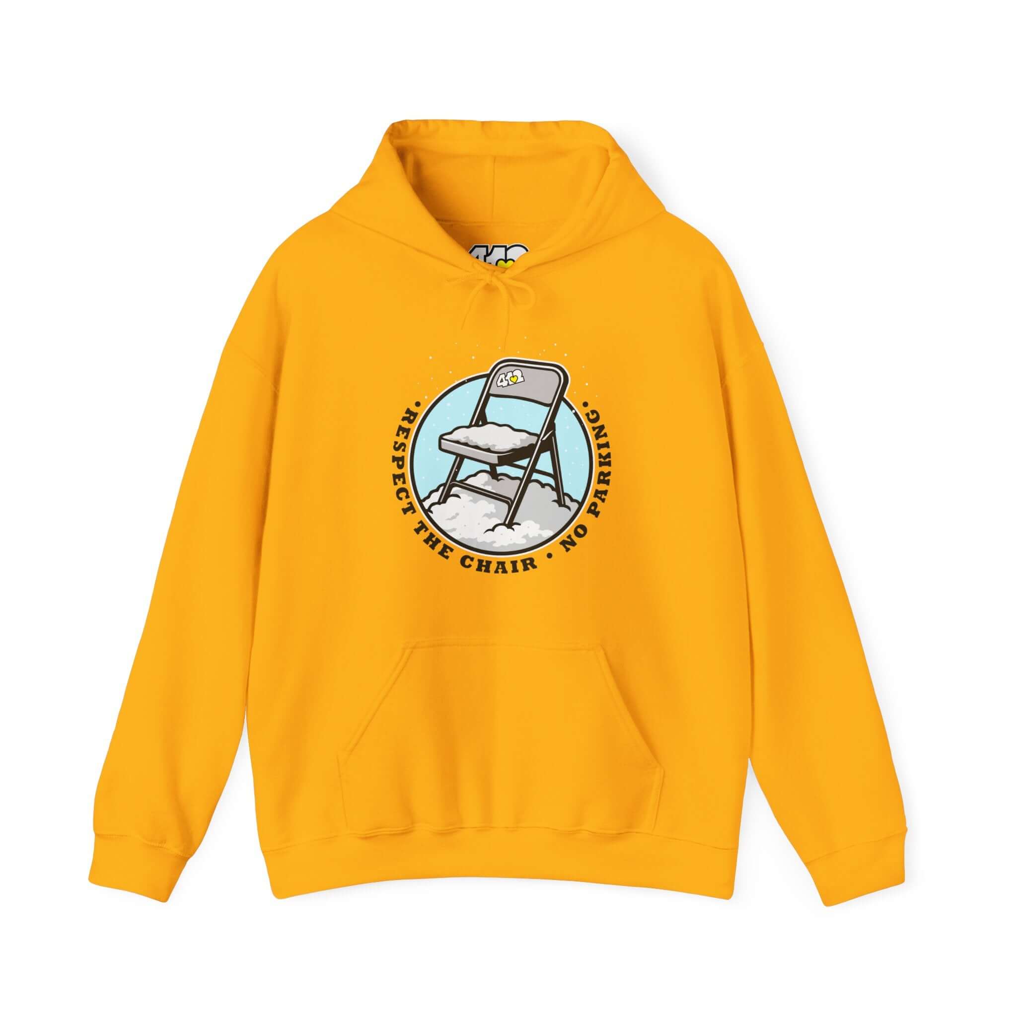 Pittsburgh Hoodie | Respect The Chair. Apparel Color: Gold. 50/50 cotton-poly blend, cozy fit, kangaroo pocket, adjustable drawstring hood.