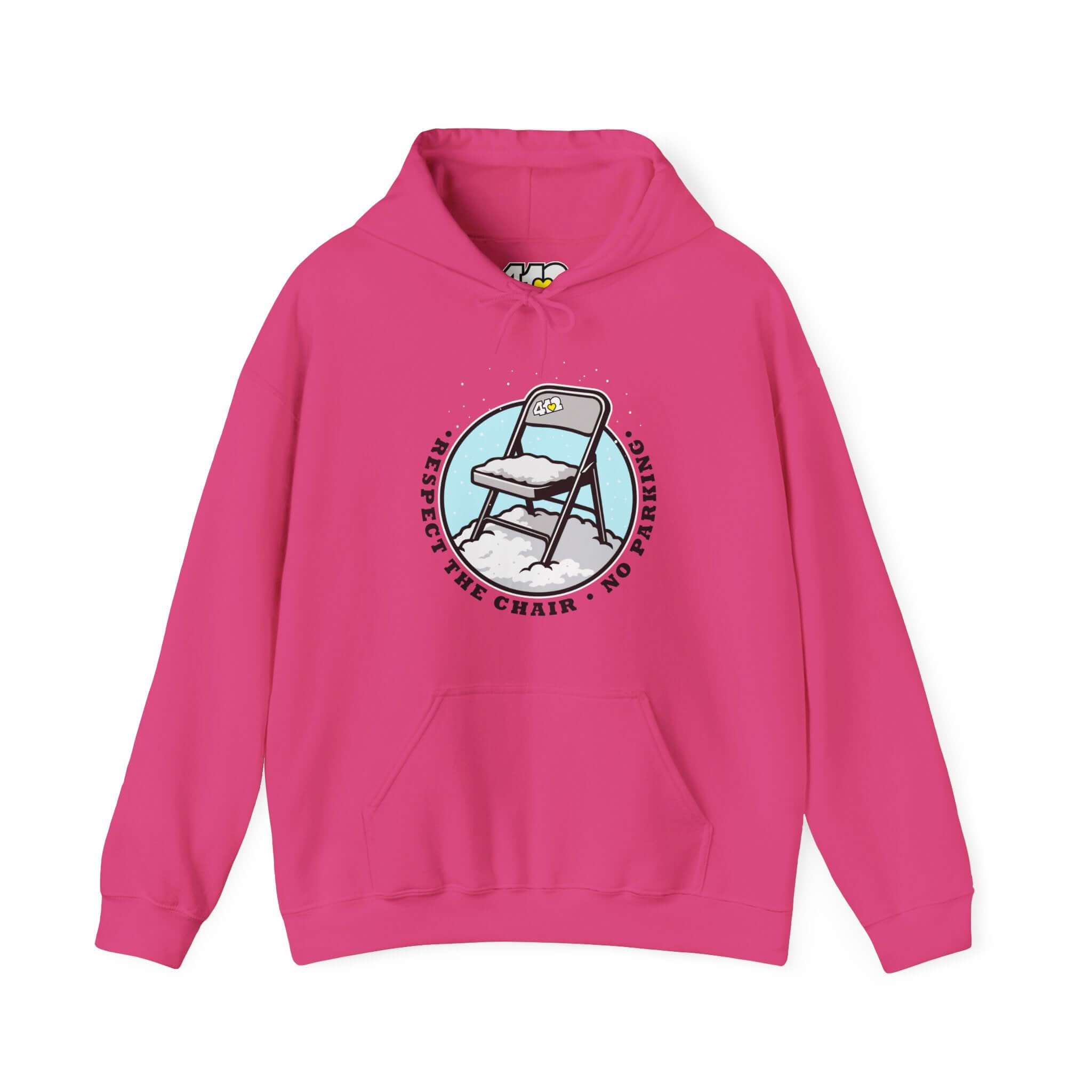 Pittsburgh Hoodie | Respect The Chair. Apparel Color: Heliconia. 50/50 cotton-poly blend, cozy fit, kangaroo pocket, adjustable drawstring hood.