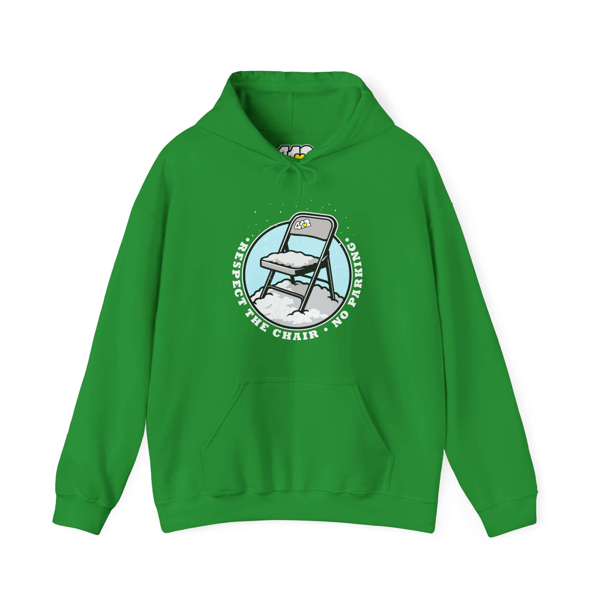 Pittsburgh Hoodie | Respect The Chair. Apparel Color: Irish Green. 50/50 cotton-poly blend, cozy fit, kangaroo pocket, adjustable drawstring hood.