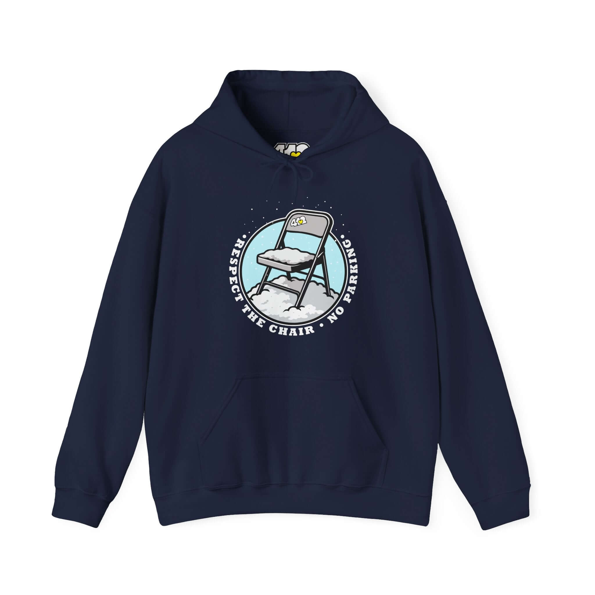 Pittsburgh Hoodie | Respect The Chair. Apparel Color: Navy. 50/50 cotton-poly blend, cozy fit, kangaroo pocket, adjustable drawstring hood.