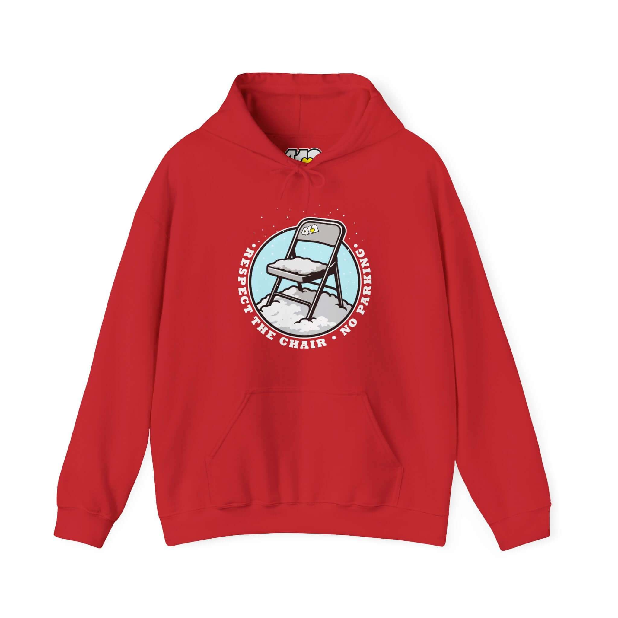 Pittsburgh Hoodie | Respect The Chair. Apparel Color: Red. 50/50 cotton-poly blend, cozy fit, kangaroo pocket, adjustable drawstring hood.