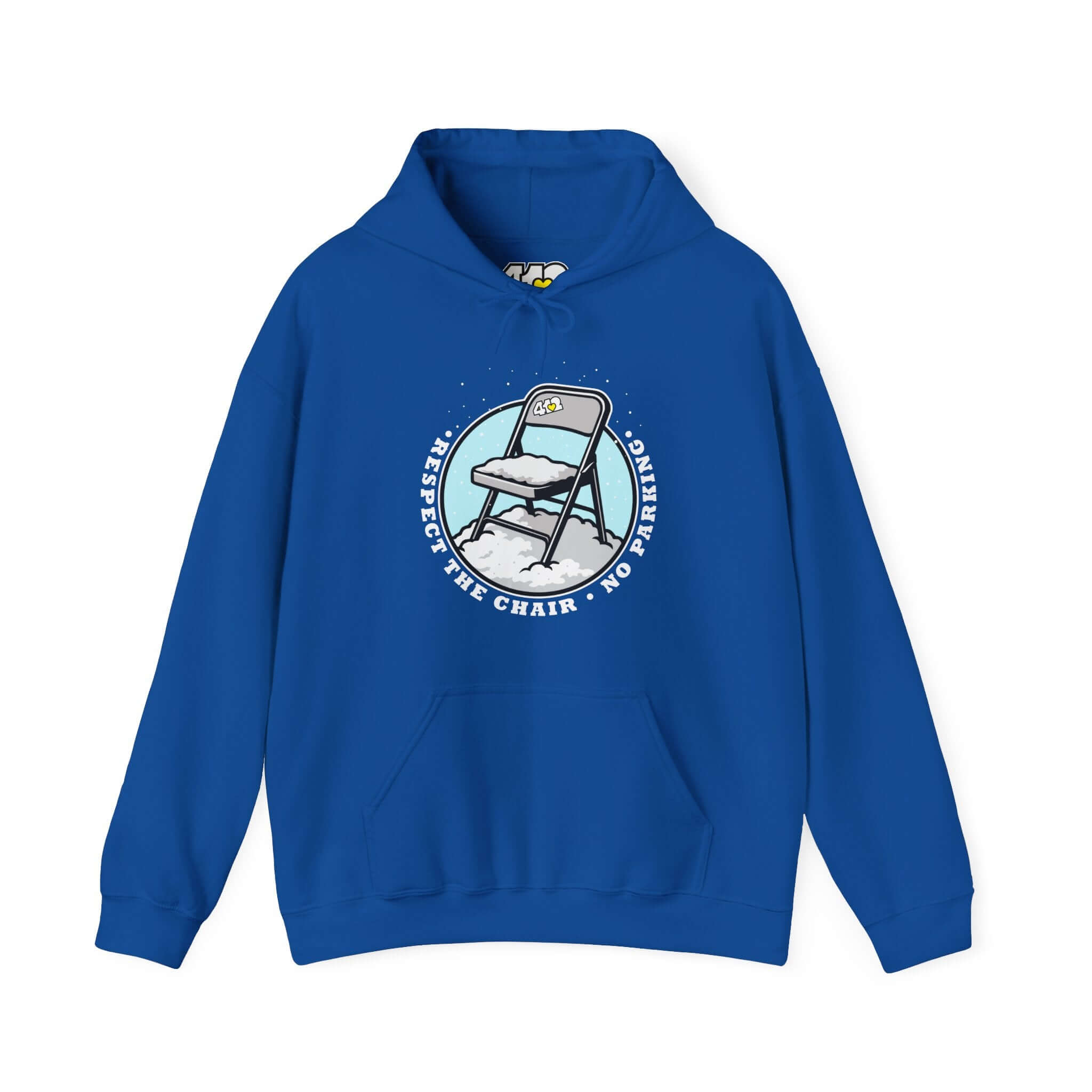Pittsburgh Hoodie | Respect The Chair. Apparel Color: Royal. 50/50 cotton-poly blend, cozy fit, kangaroo pocket, adjustable drawstring hood.