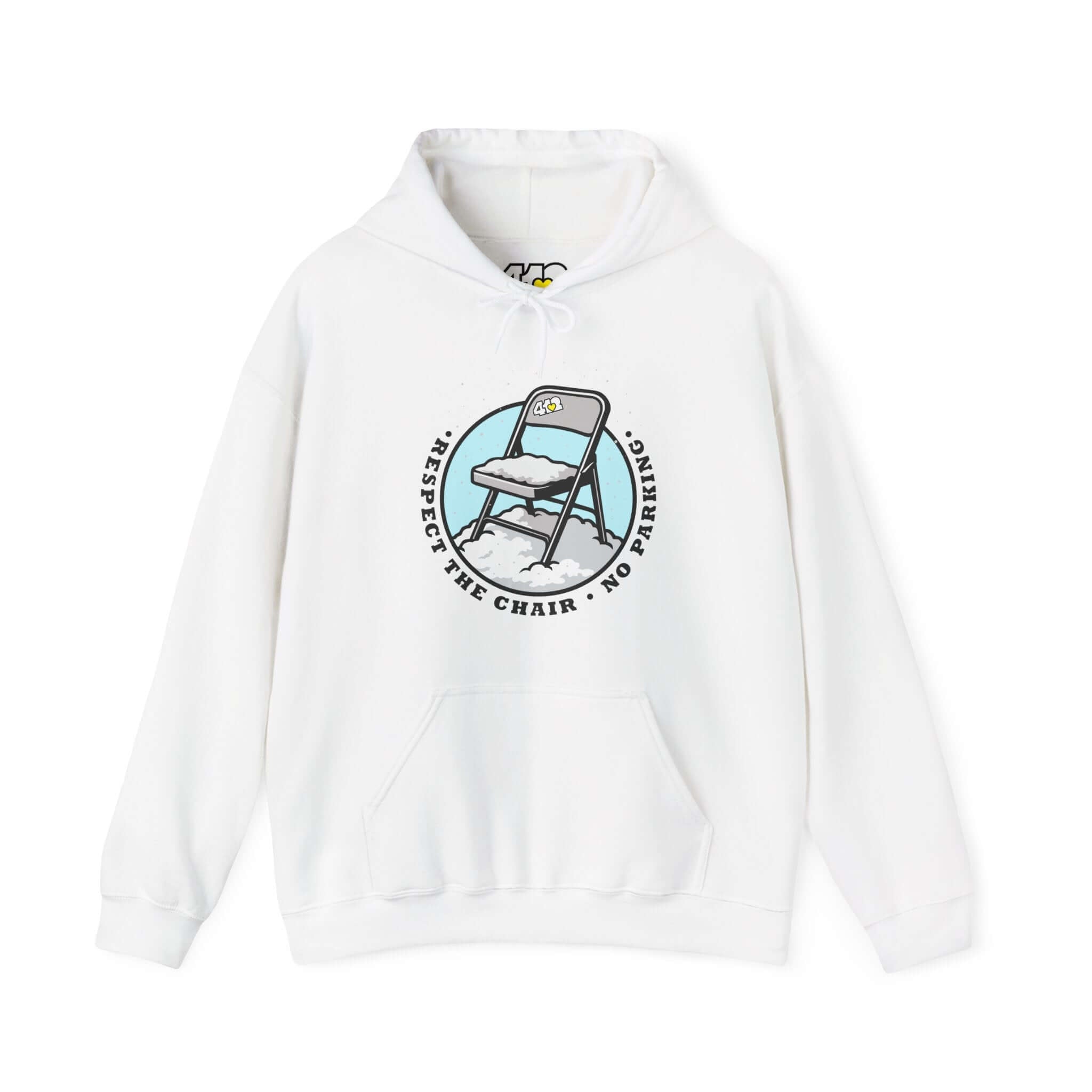 Pittsburgh Hoodie | Respect The Chair. Apparel Color: White. 50/50 cotton-poly blend, cozy fit, kangaroo pocket, adjustable drawstring hood.