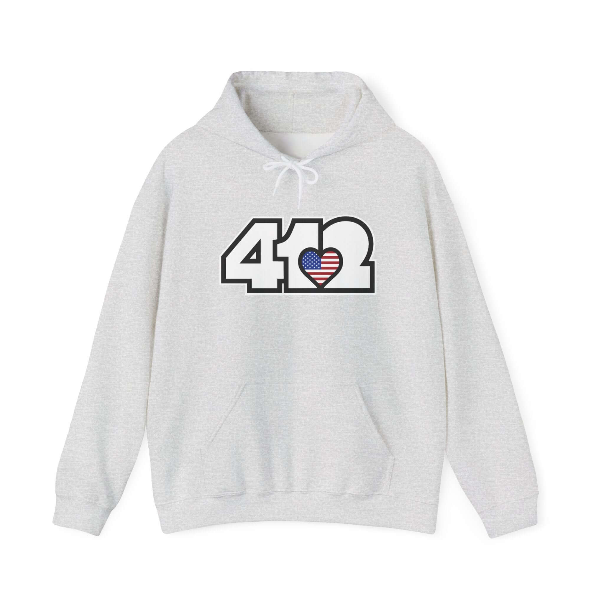 Pittsburgh Hoodie | White Stars and Stripes 412 Logo Apparel Color: Ash. 50/50 cotton-poly blend, cozy fit, kangaroo pocket, adjustable drawstring hood.
