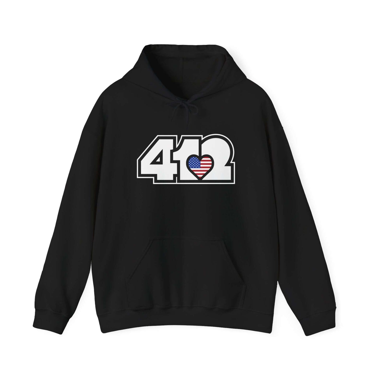 Pittsburgh Hoodie | White Stars and Stripes 412 Logo Apparel Color: Black. 50/50 cotton-poly blend, cozy fit, kangaroo pocket, adjustable drawstring hood.