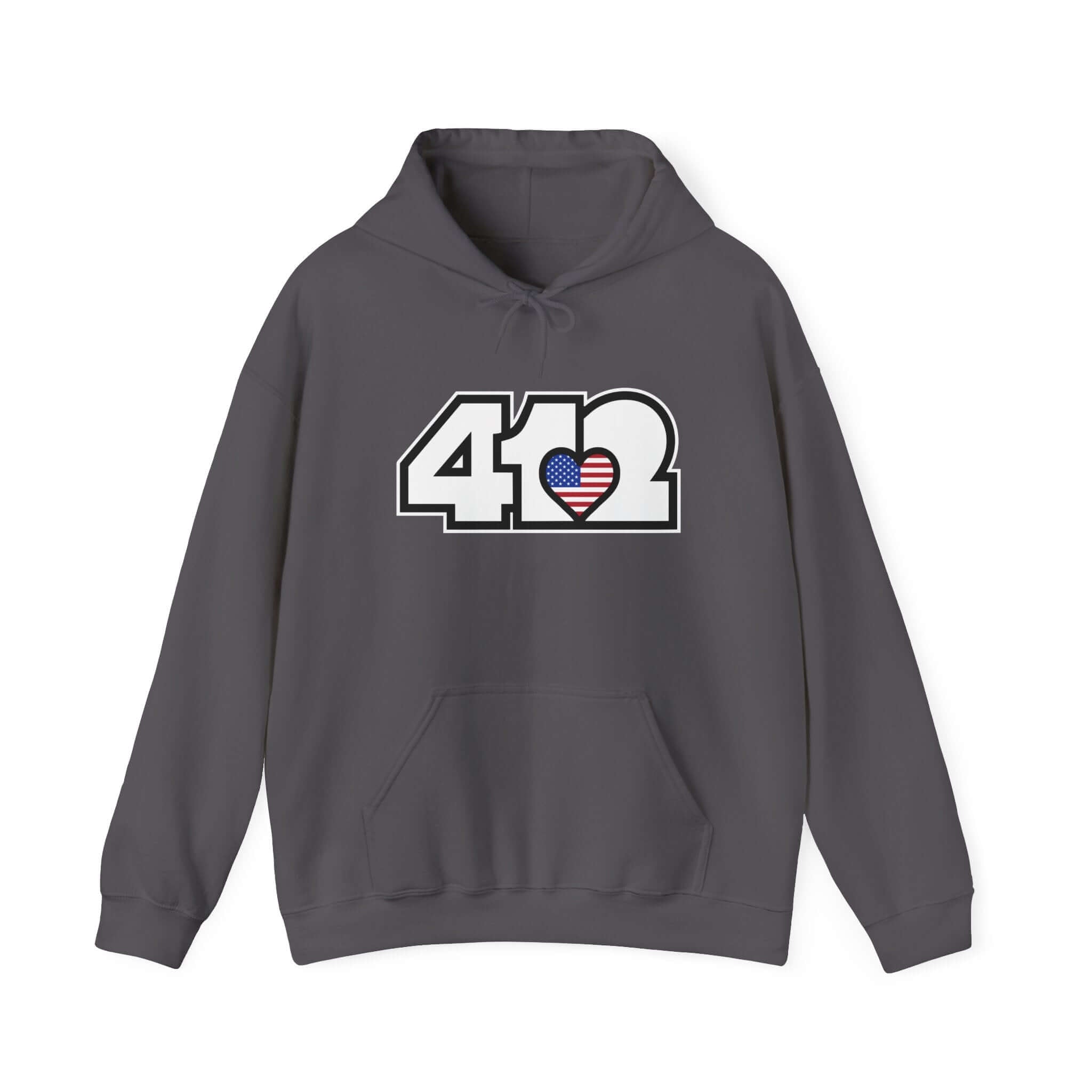Pittsburgh Hoodie | White Stars and Stripes 412 Logo Apparel Color: Charcoal. 50/50 cotton-poly blend, cozy fit, kangaroo pocket, adjustable drawstring hood.