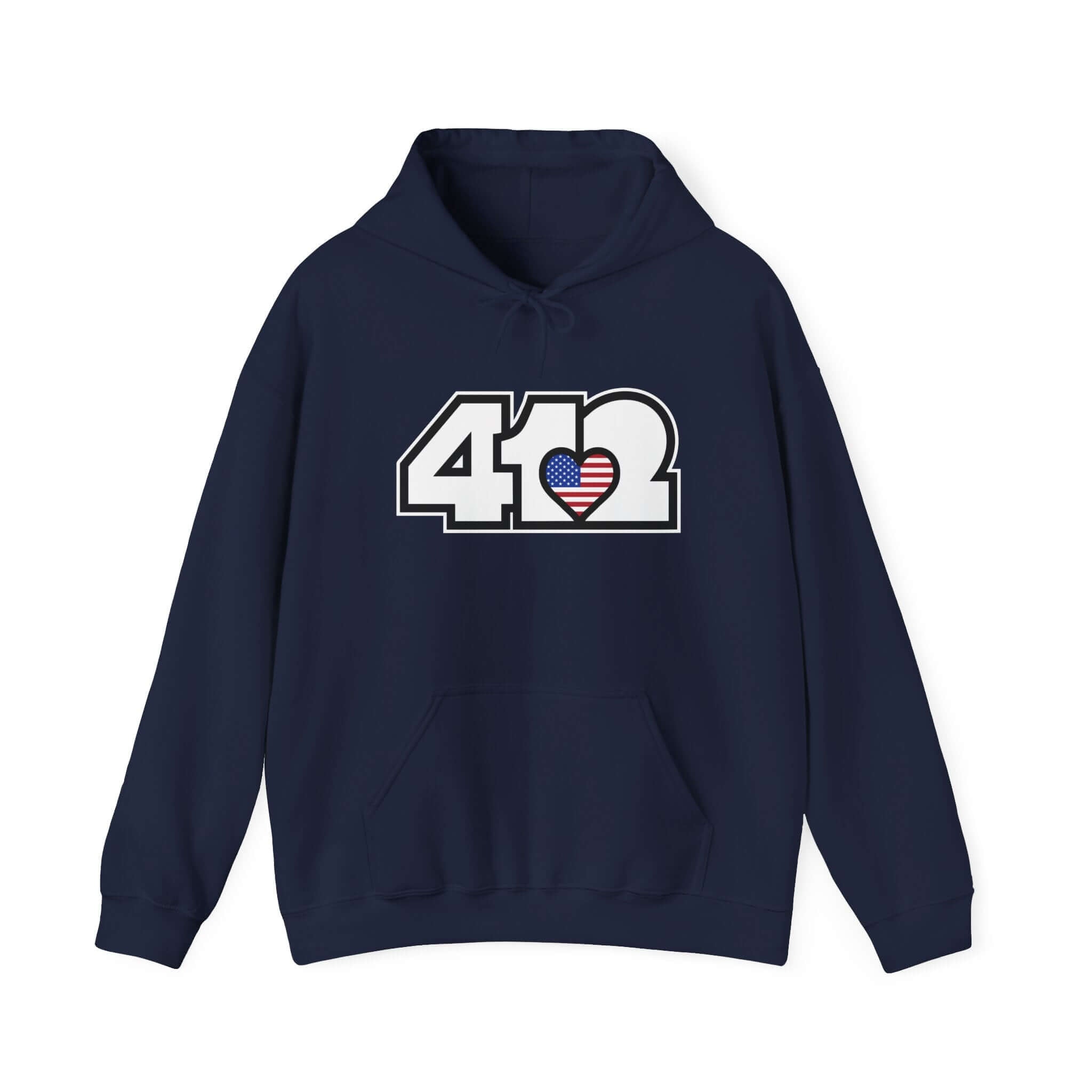 Pittsburgh Hoodie | White Stars and Stripes 412 Logo Apparel Color: Navy. 50/50 cotton-poly blend, cozy fit, kangaroo pocket, adjustable drawstring hood.