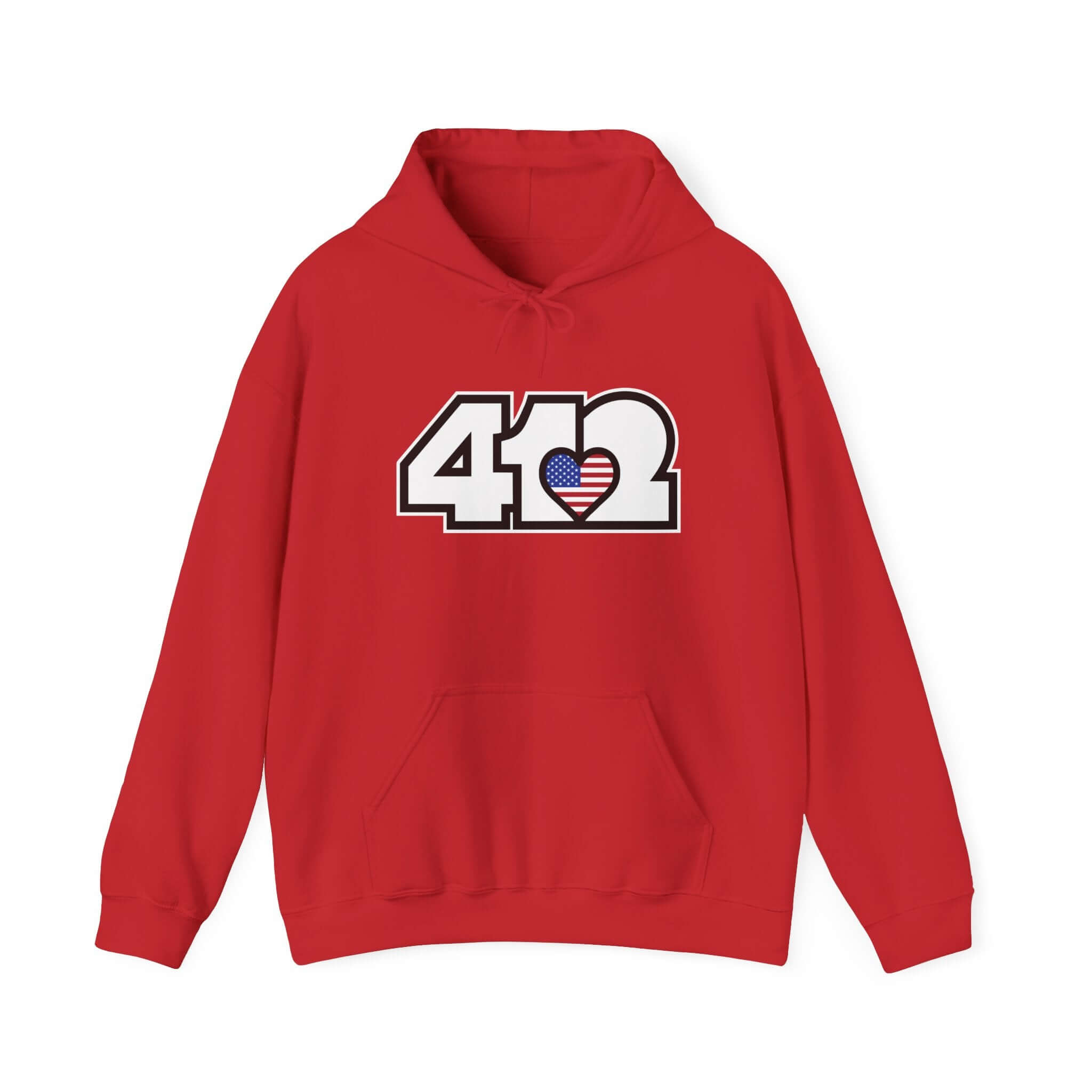 Pittsburgh Hoodie | White Stars and Stripes 412 Logo Apparel Color: Red. 50/50 cotton-poly blend, cozy fit, kangaroo pocket, adjustable drawstring hood.