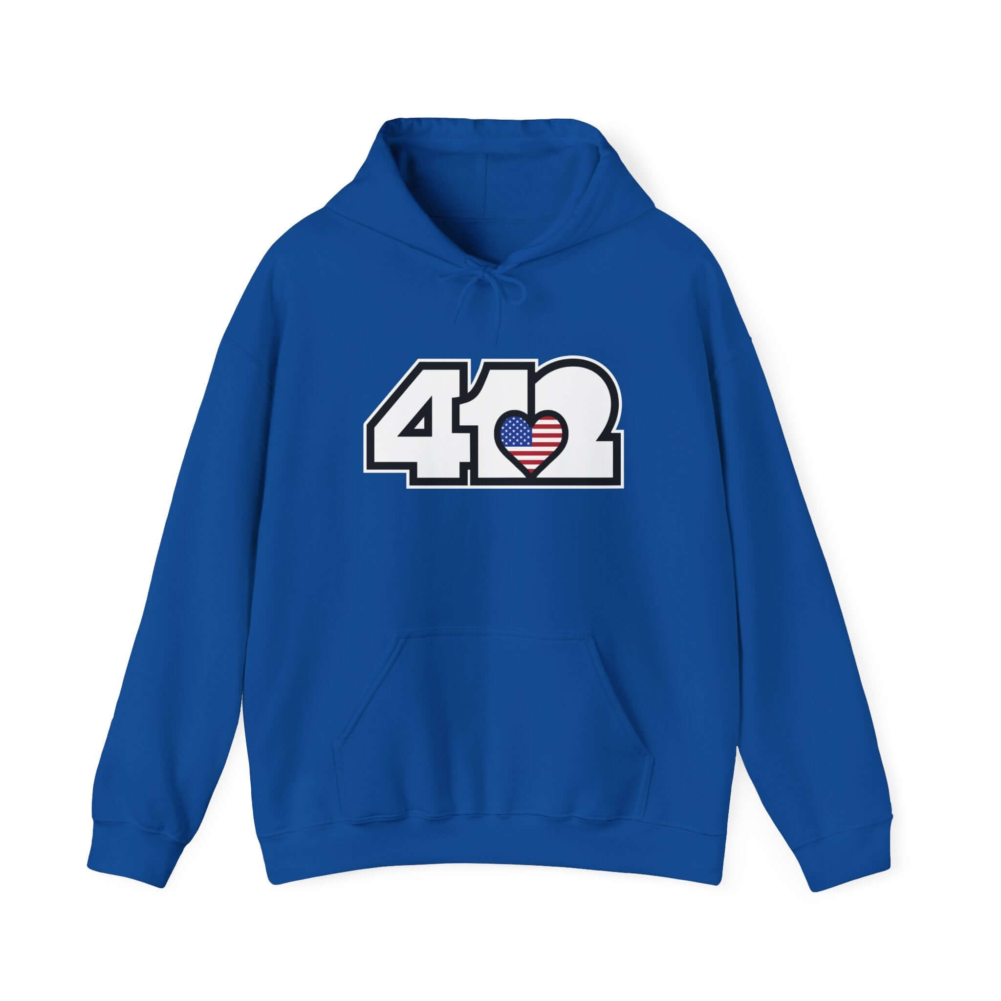 Pittsburgh Hoodie | White Stars and Stripes 412 Logo Apparel Color: Royal. 50/50 cotton-poly blend, cozy fit, kangaroo pocket, adjustable drawstring hood.