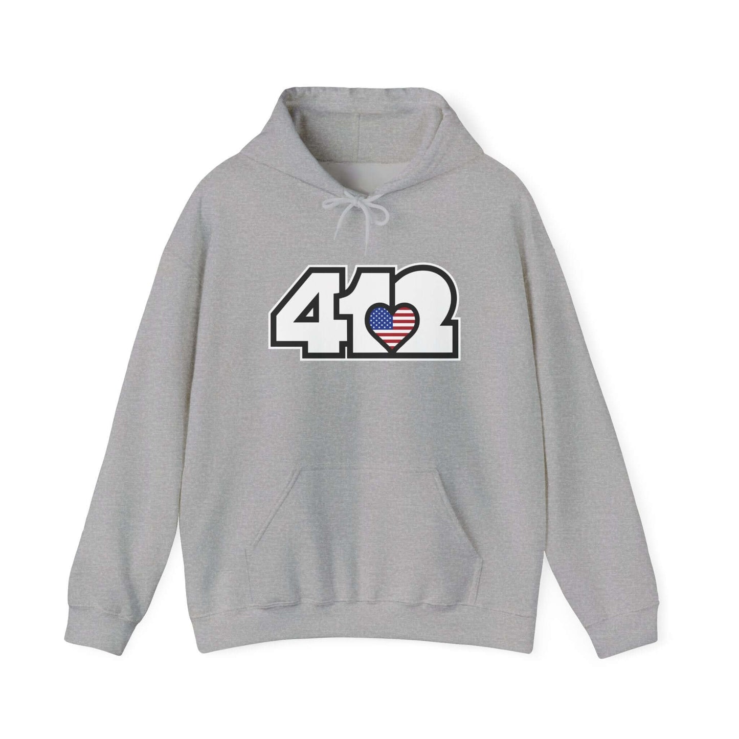 Pittsburgh Hoodie | White Stars and Stripes 412 Logo Apparel Color: Sport Grey. 50/50 cotton-poly blend, cozy fit, kangaroo pocket, adjustable drawstring hood.