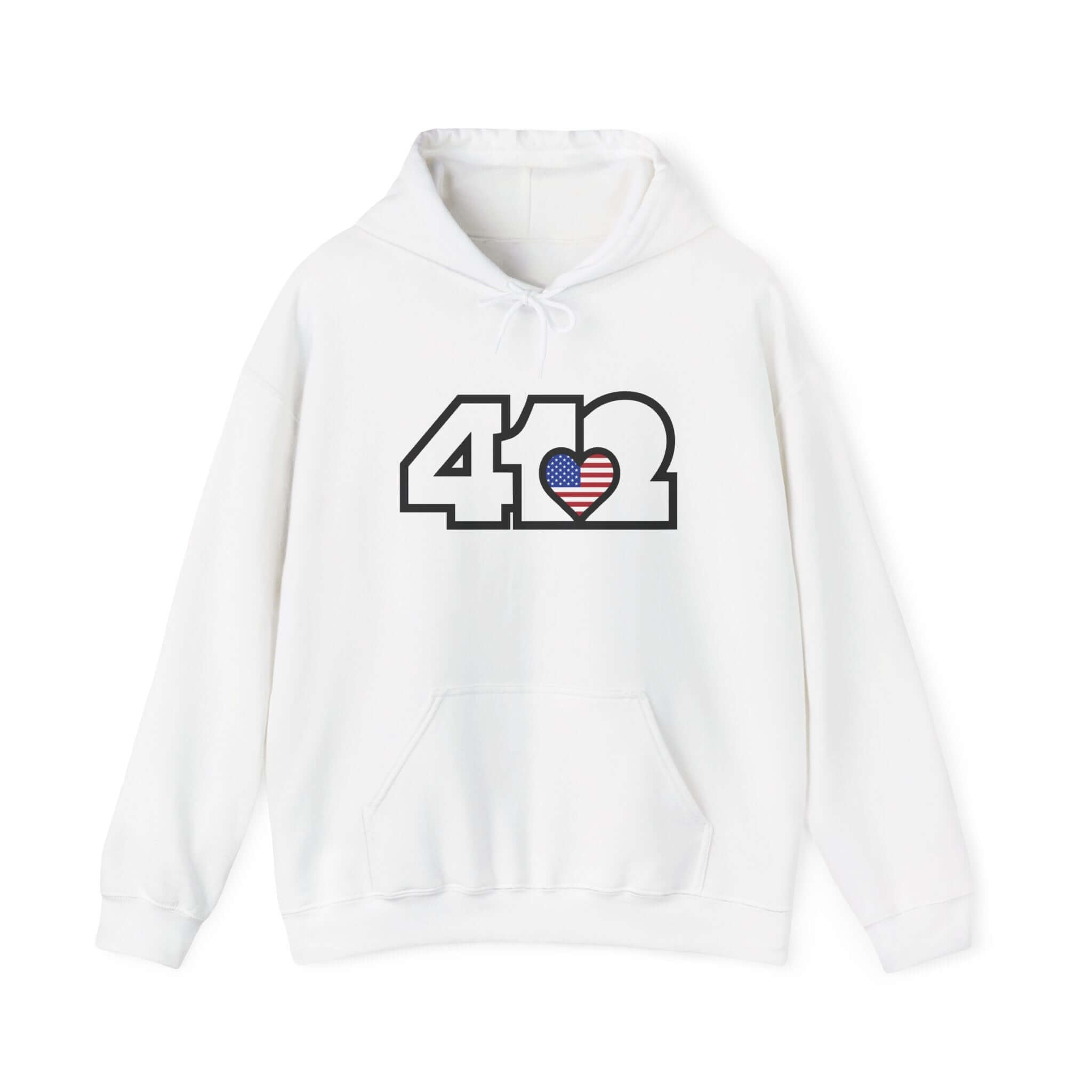Pittsburgh Hoodie | White Stars and Stripes 412 Logo Apparel Color: White. 50/50 cotton-poly blend, cozy fit, kangaroo pocket, adjustable drawstring hood.