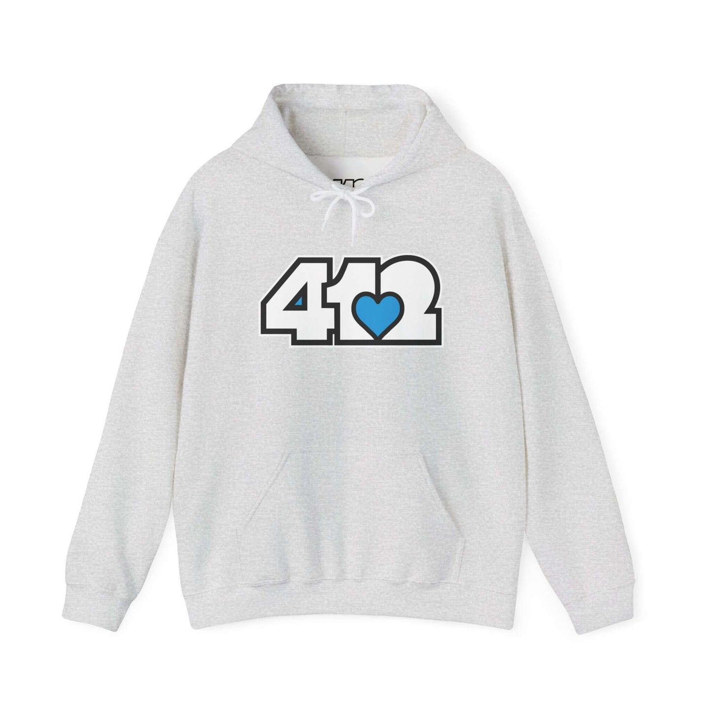 Pittsburgh Hoodie | White and Blue 412 Logo. Apparel Color: Ash. 50/50 cotton-poly blend, cozy fit, kangaroo pocket, adjustable drawstring hood.