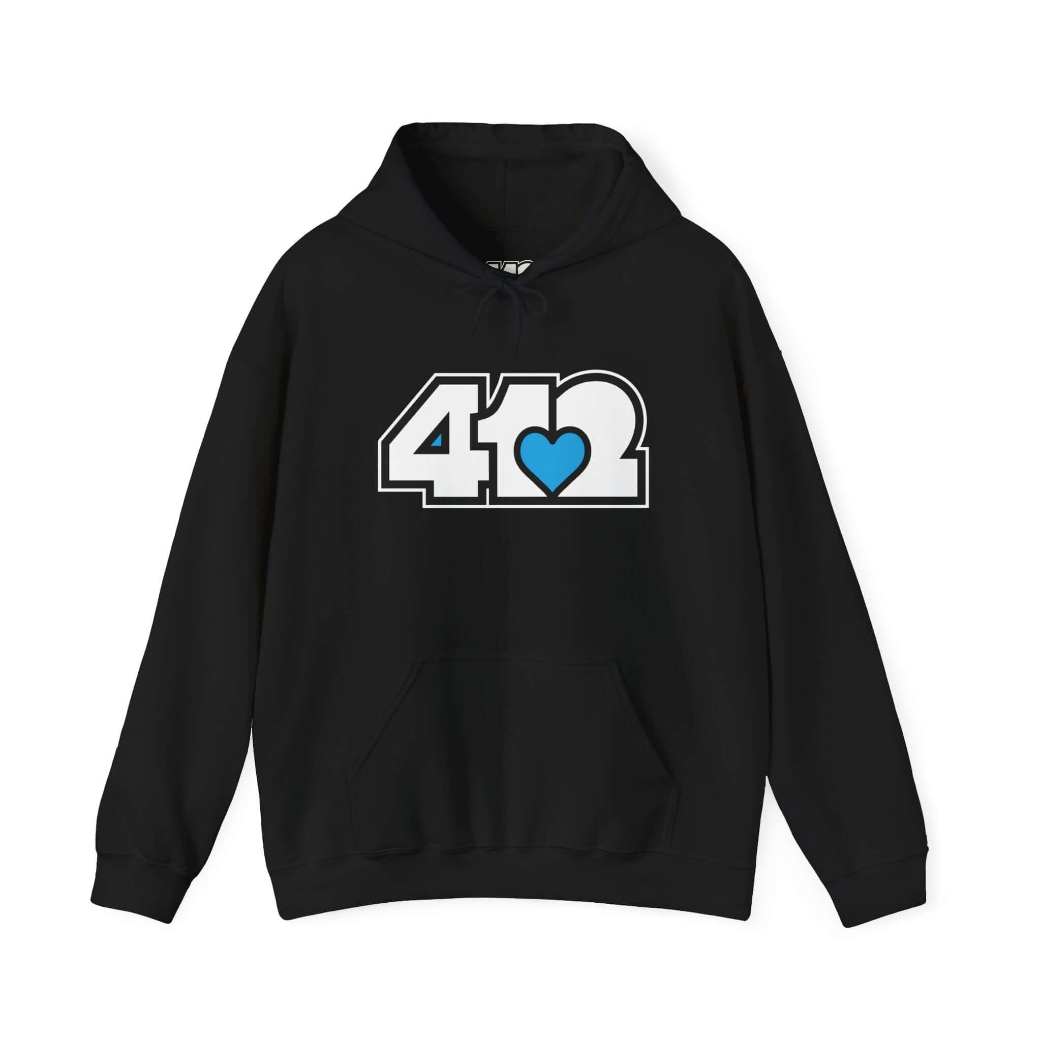 Pittsburgh Hoodie | White and Blue 412 Logo. Apparel Color: Black. 50/50 cotton-poly blend, cozy fit, kangaroo pocket, adjustable drawstring hood.