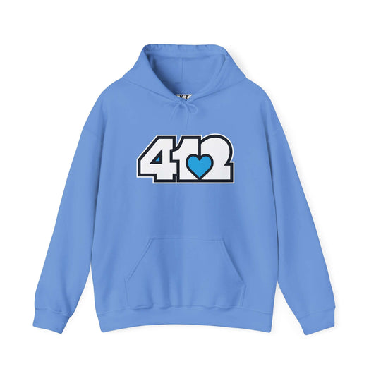 Pittsburgh Hoodie | White and Blue 412 Logo. Apparel Color: Carolina Blue. 50/50 cotton-poly blend, cozy fit, kangaroo pocket, adjustable drawstring hood.