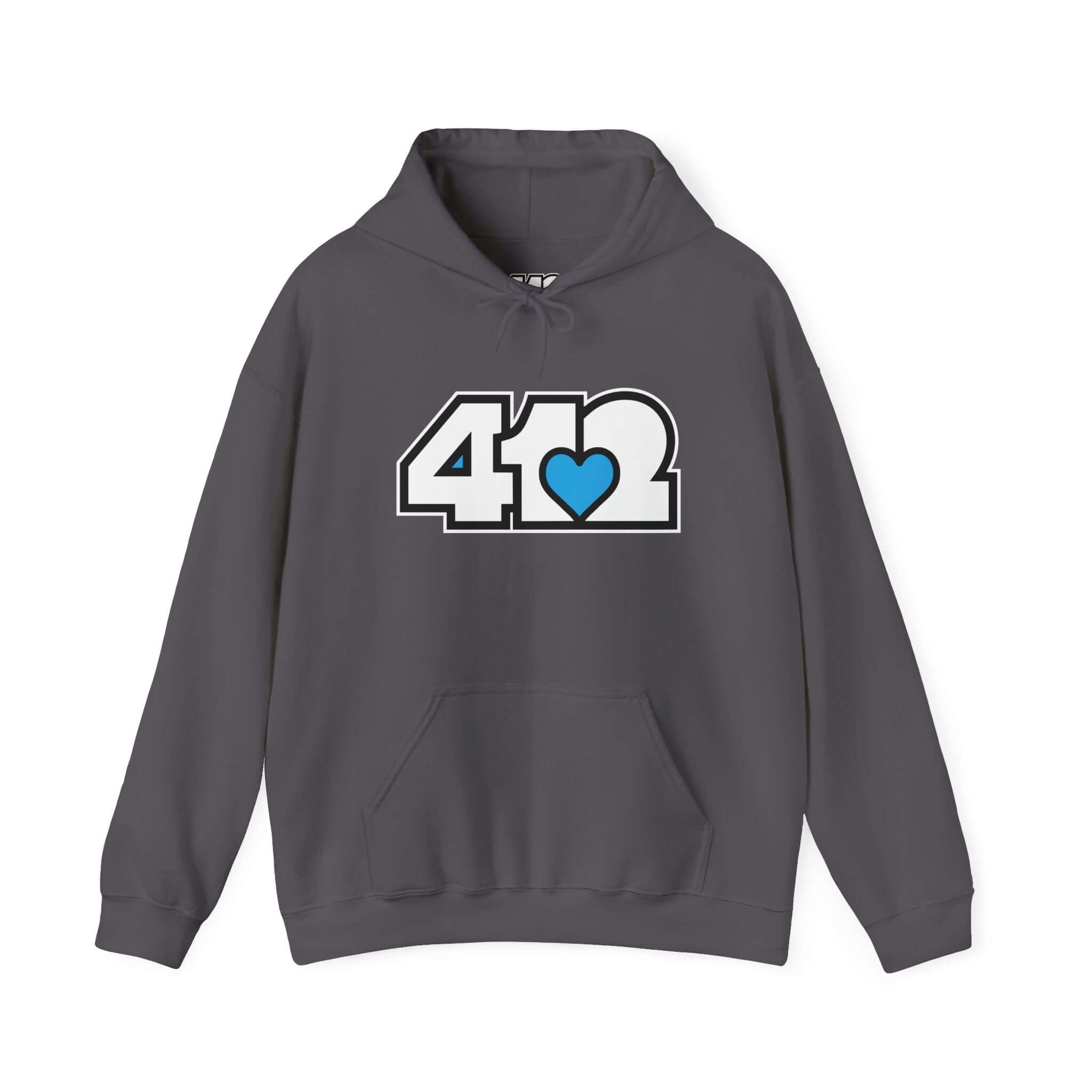 Pittsburgh Hoodie | White and Blue 412 Logo. Apparel Color: Charcoal. 50/50 cotton-poly blend, cozy fit, kangaroo pocket, adjustable drawstring hood.