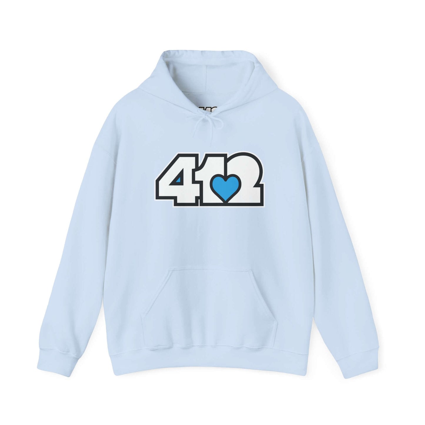 Pittsburgh Hoodie | White and Blue 412 Logo. Apparel Color: Light Blue. 50/50 cotton-poly blend, cozy fit, kangaroo pocket, adjustable drawstring hood.